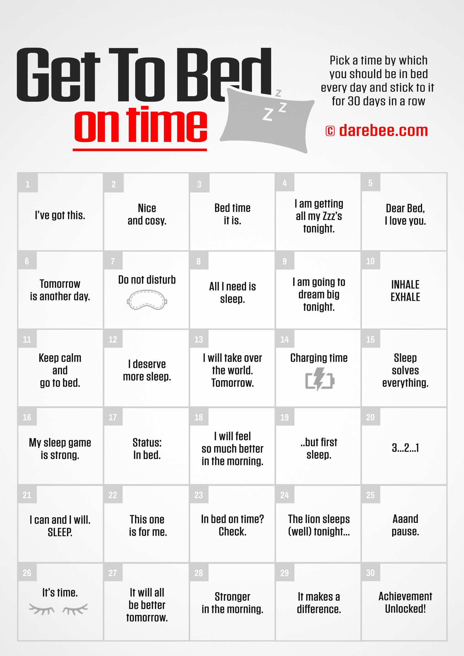 Get to Bed on Time Challenge - fitness challenge card