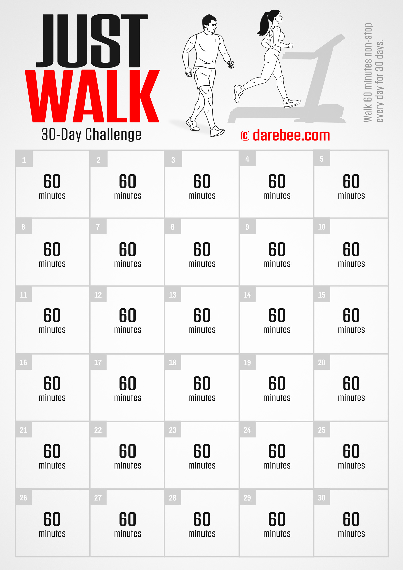 Just Walk is a DAREBEE monthly challenge that helps you take up the habit of walking regularly every day to reduce body fat and improve your cardiovascular and aerobic fitness.