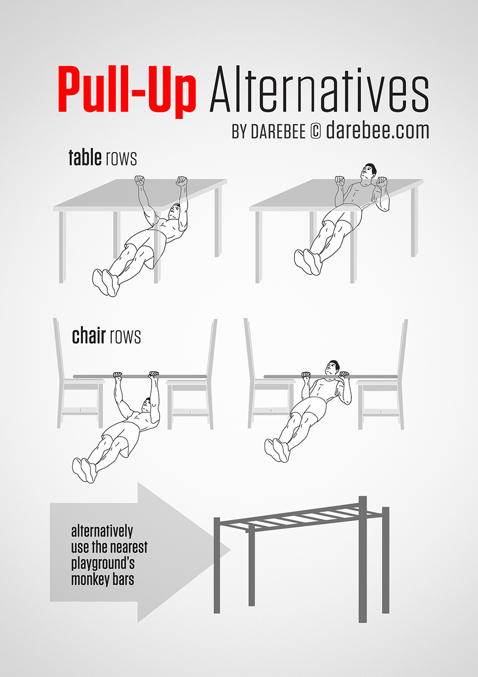 Pull-up alternatives - table rows, chair rows and playground monkey bars