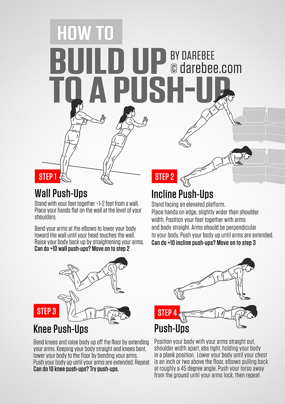 How to build up to a push-up - wall, incline, knee and full push-ups step by step