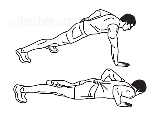 One-arm push-up - start position and bottom position