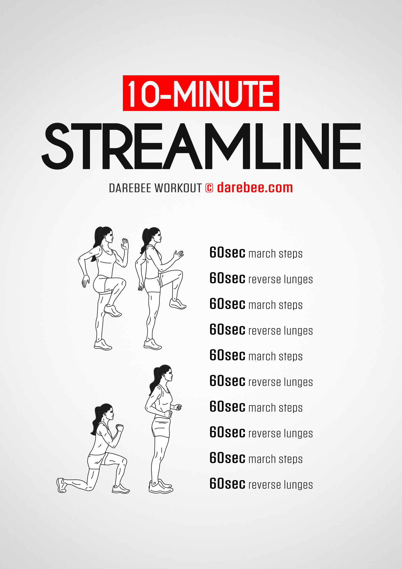 10-Minute Streamline Workout - complete workout card with exercises and reps