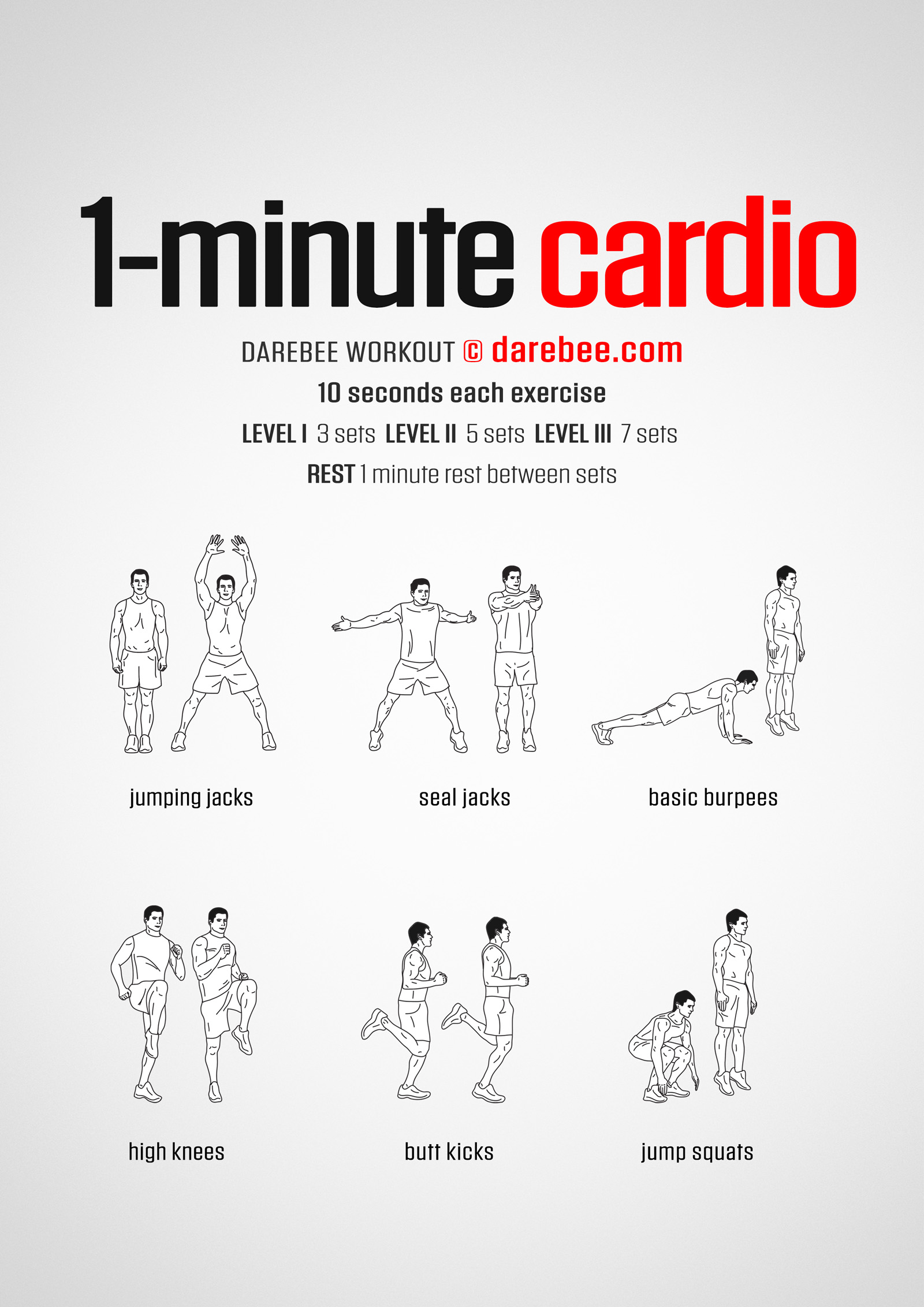 1 Minute Cardio Workout - complete workout card with exercises and reps
