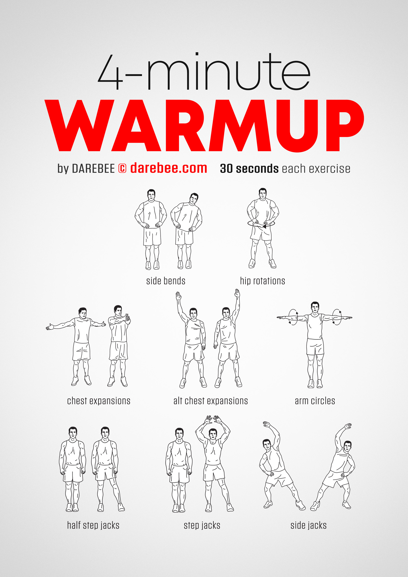 4 Minute Warmup - complete workout card with exercises and reps