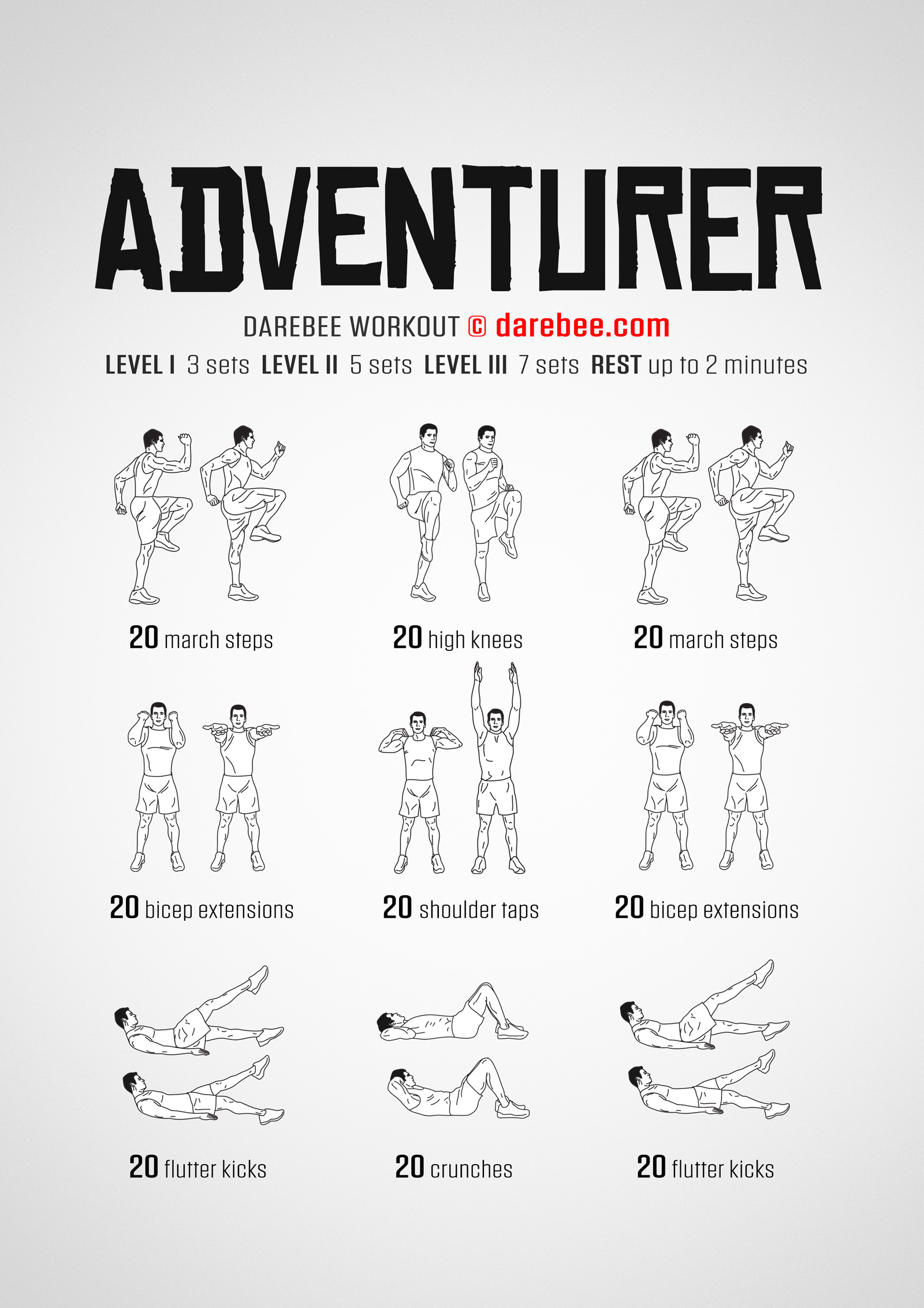 Adventurer is a DAREBEE no-equipment home workout that helps you improve your aerobic and cardiovascular fitness without any equipment, at home.