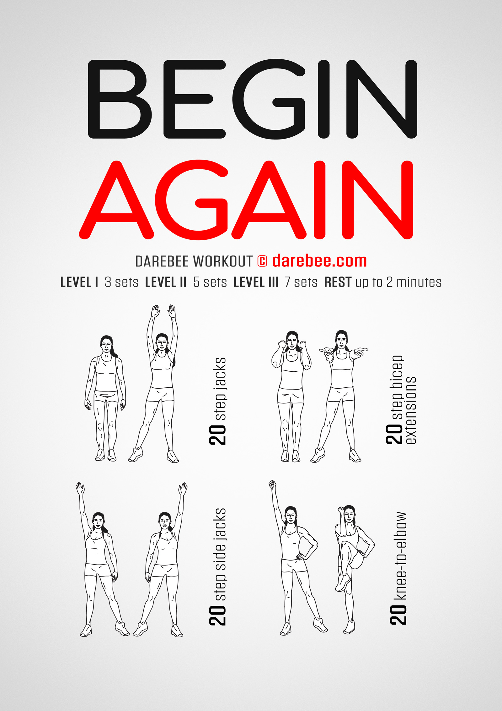 Begin Again Workout - complete workout card with exercises and reps