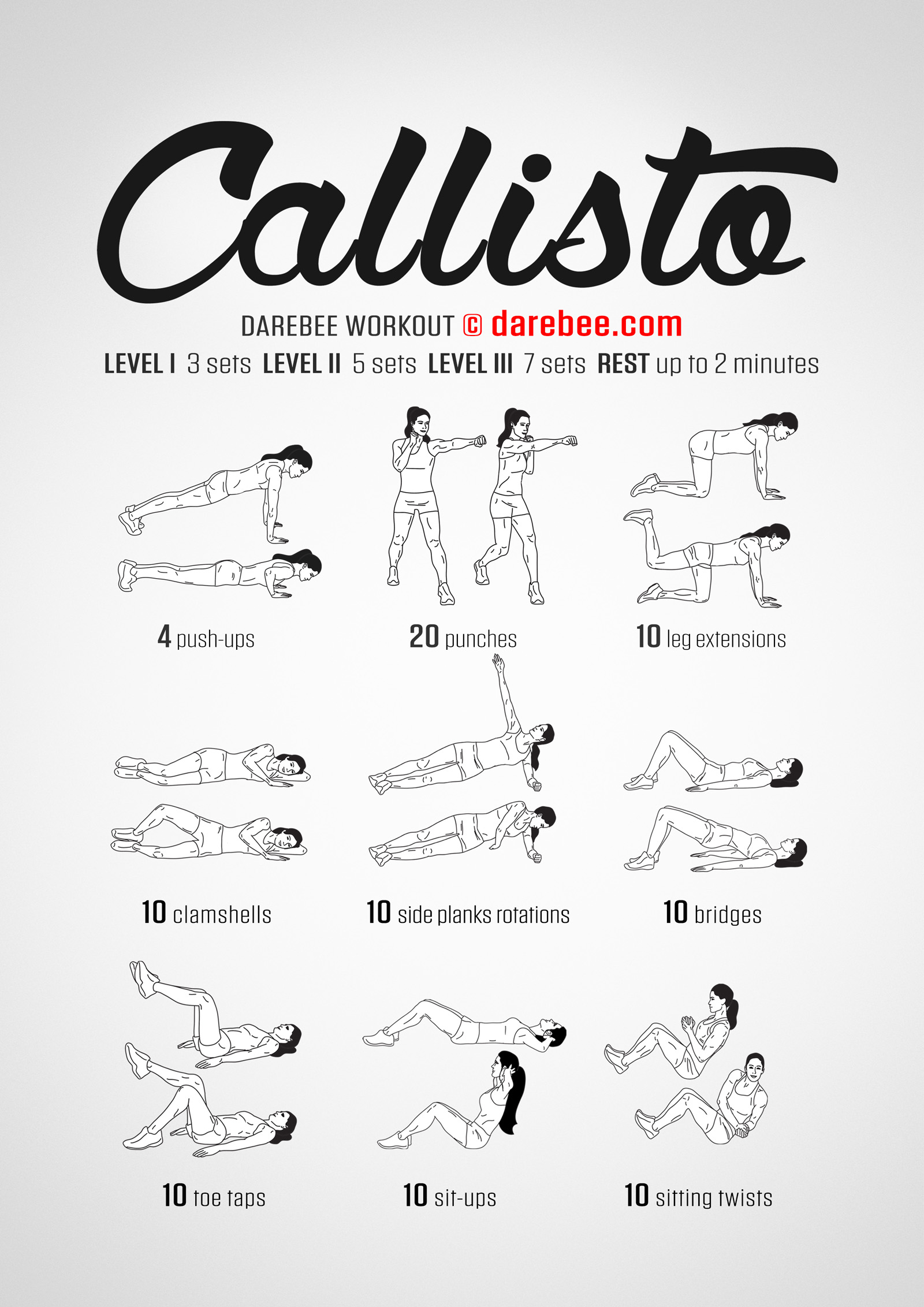 Callisto Workout - complete workout card with exercises and reps