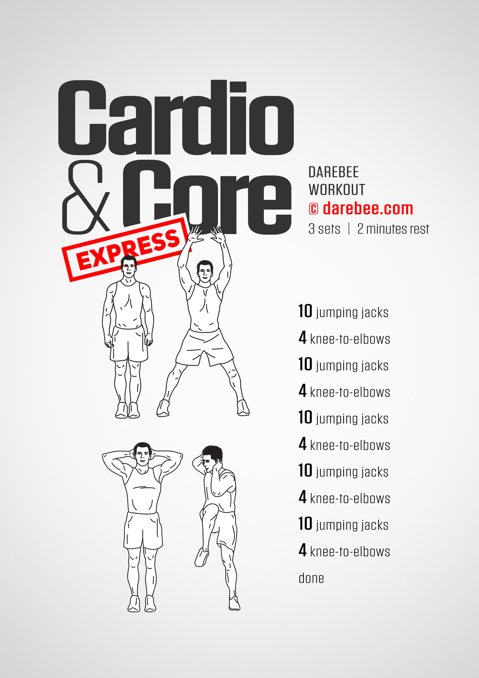 Cardio & Core Express - complete workout card with exercises and reps