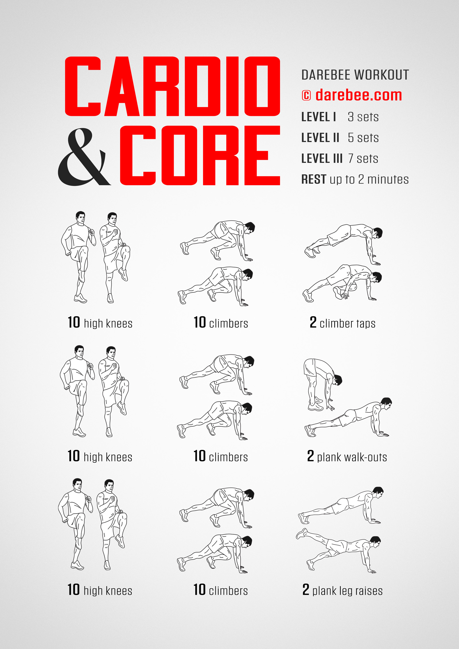 Cardio & Core Workout - complete workout card with exercises and reps