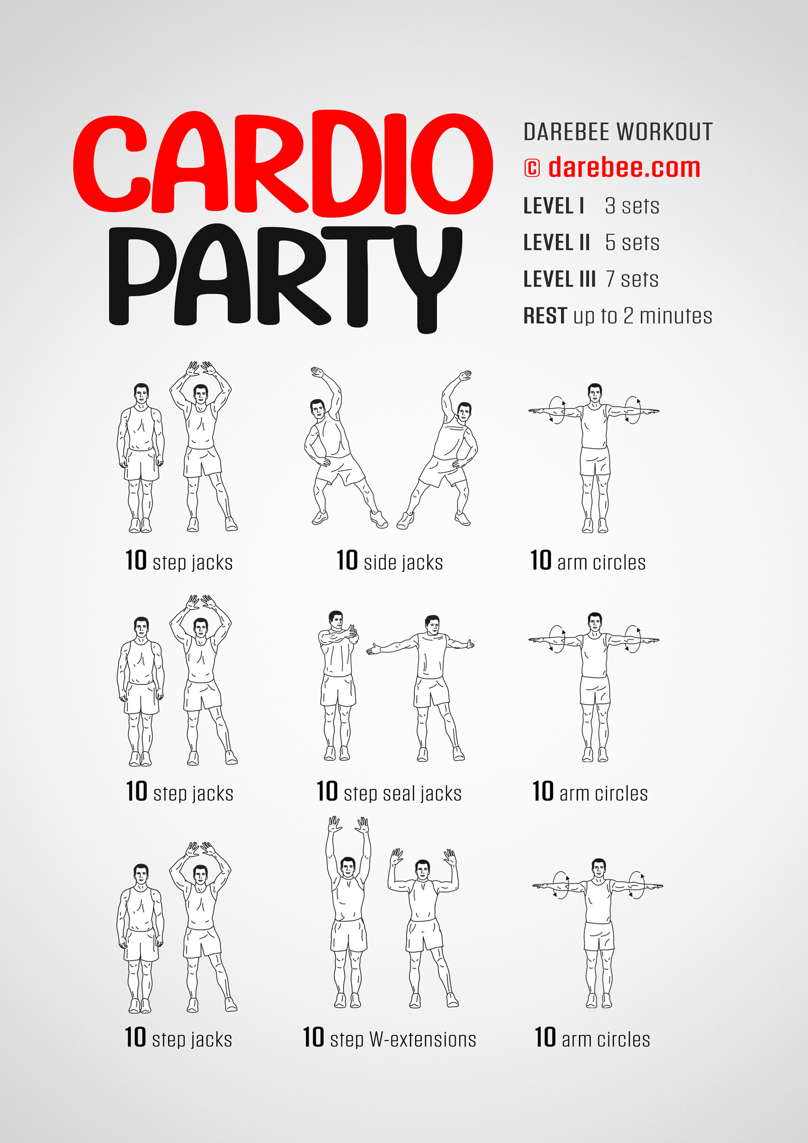 Cardio Party Workout - complete workout card with exercises and reps