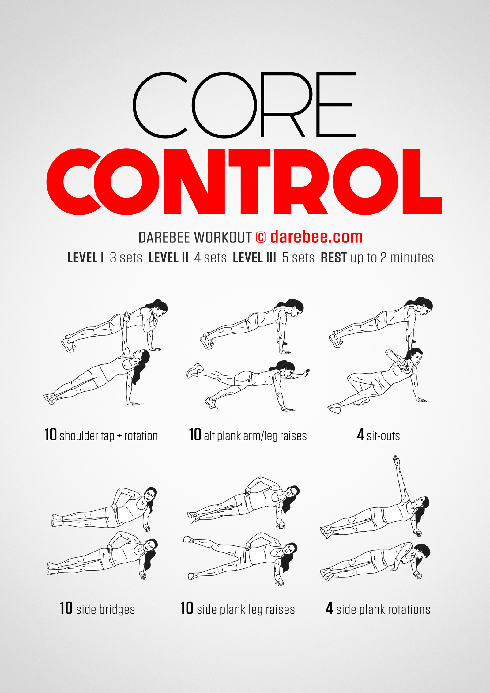 Core Control is  a DAREBEE no-equipment, home fitness abs and core home workout that will change the way you feel after you do it.