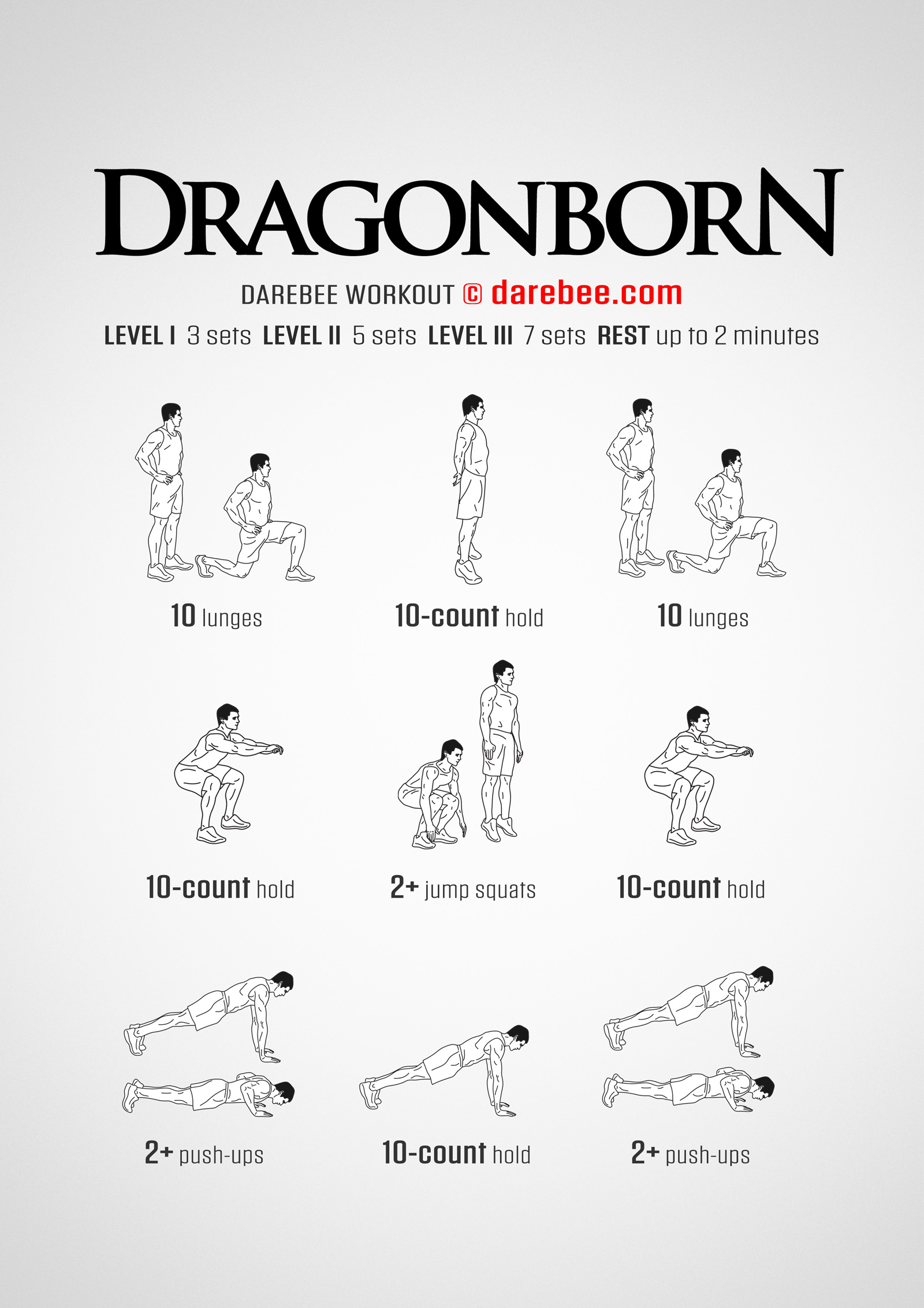 Dragonborn is a DAREBEE home fitness tribute to Skyrim no-equipment, total body strength workout you can do at home.