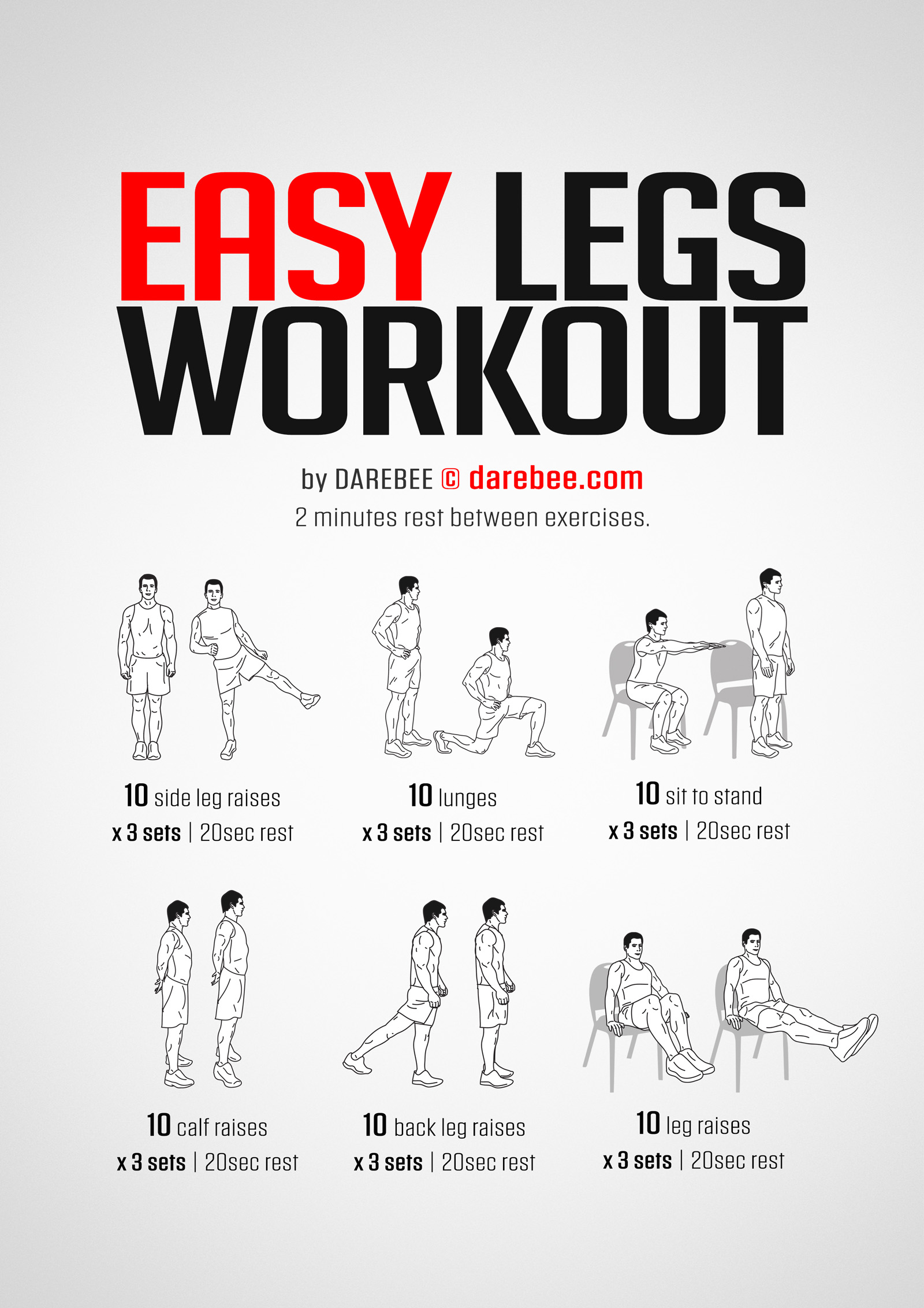 Easy Legs Workout - complete workout card with exercises and reps
