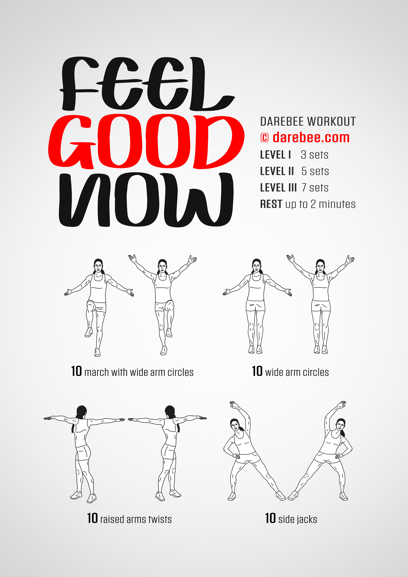 Feel Good Now is a DAREBEE no-equipment, home fitness workout that will leave you feeling refreshed and re-energized after you have finished it.