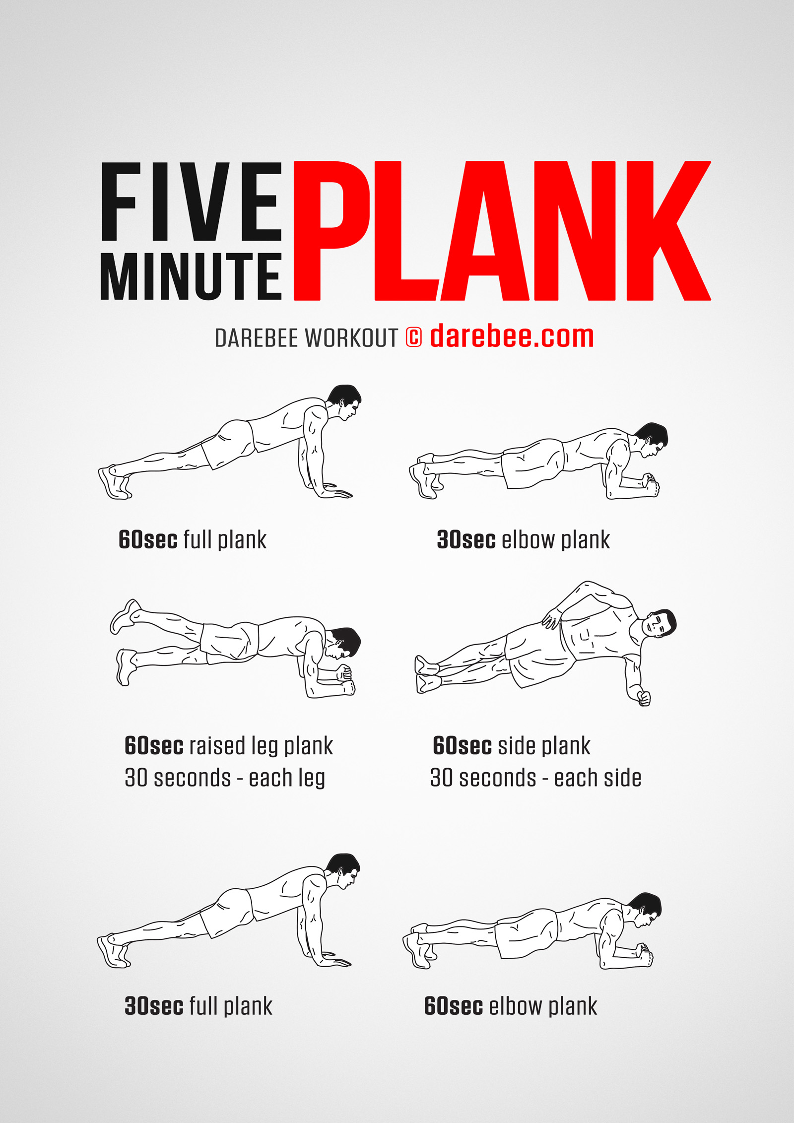 Five Minute Plank is a DAREBEE home fitness bodyweight workout that will help you develop strong core and strong abs at home.