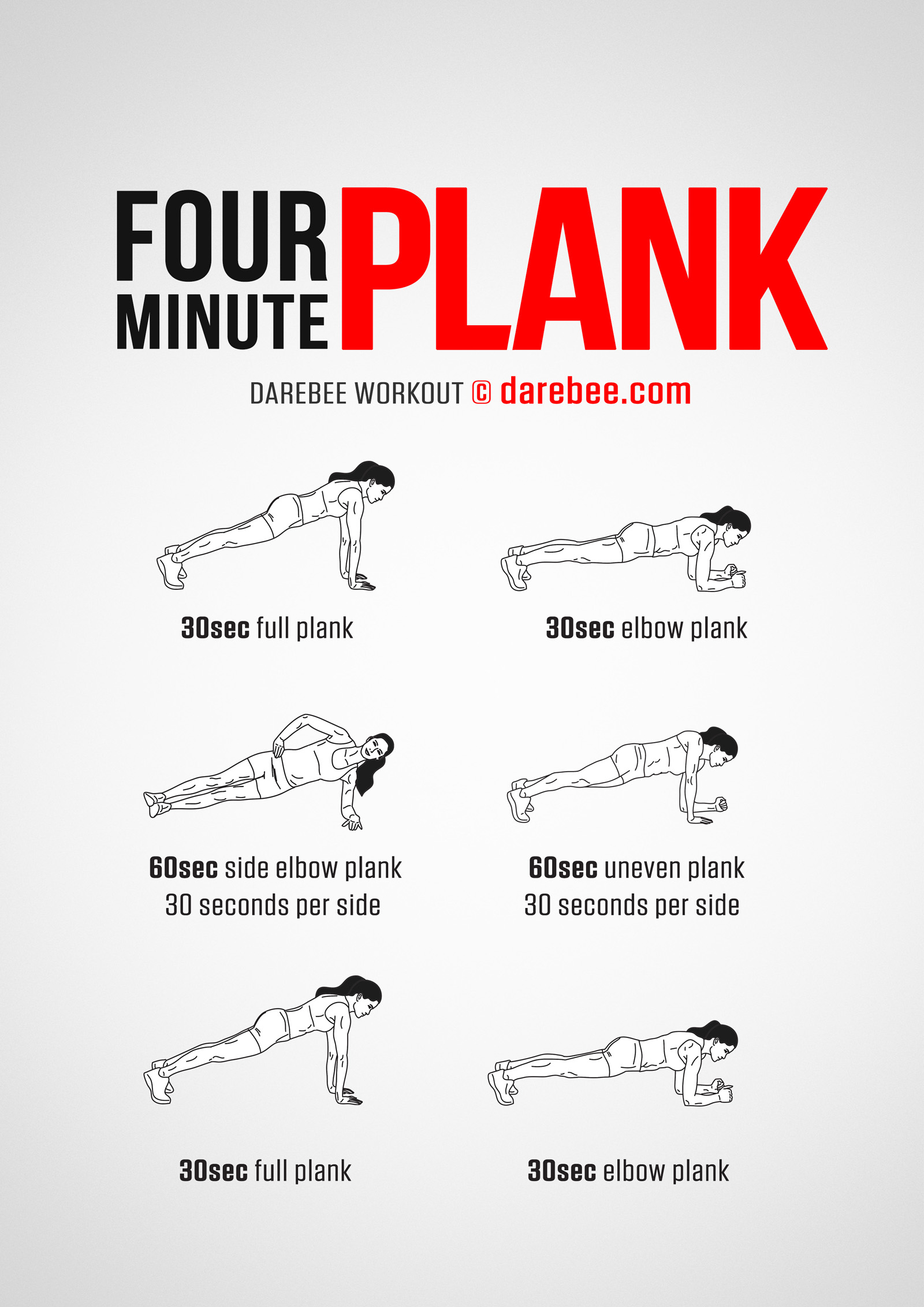 4-Minute Plank is a DAREBEE home fitness strong abs exercises workout that helps you develop a strong core and powerful abs.