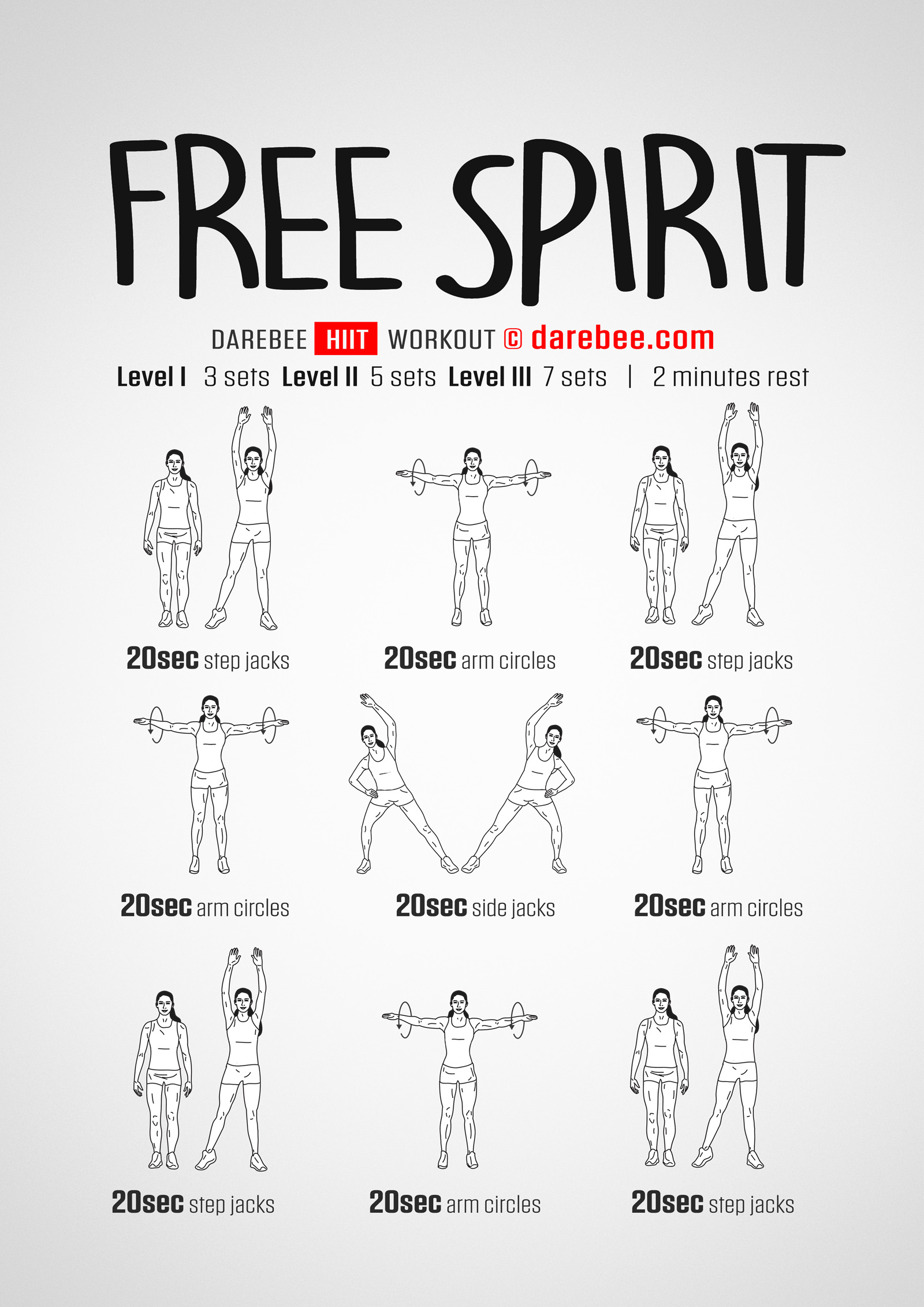 Free Spirit Workout - complete workout card with exercises and reps
