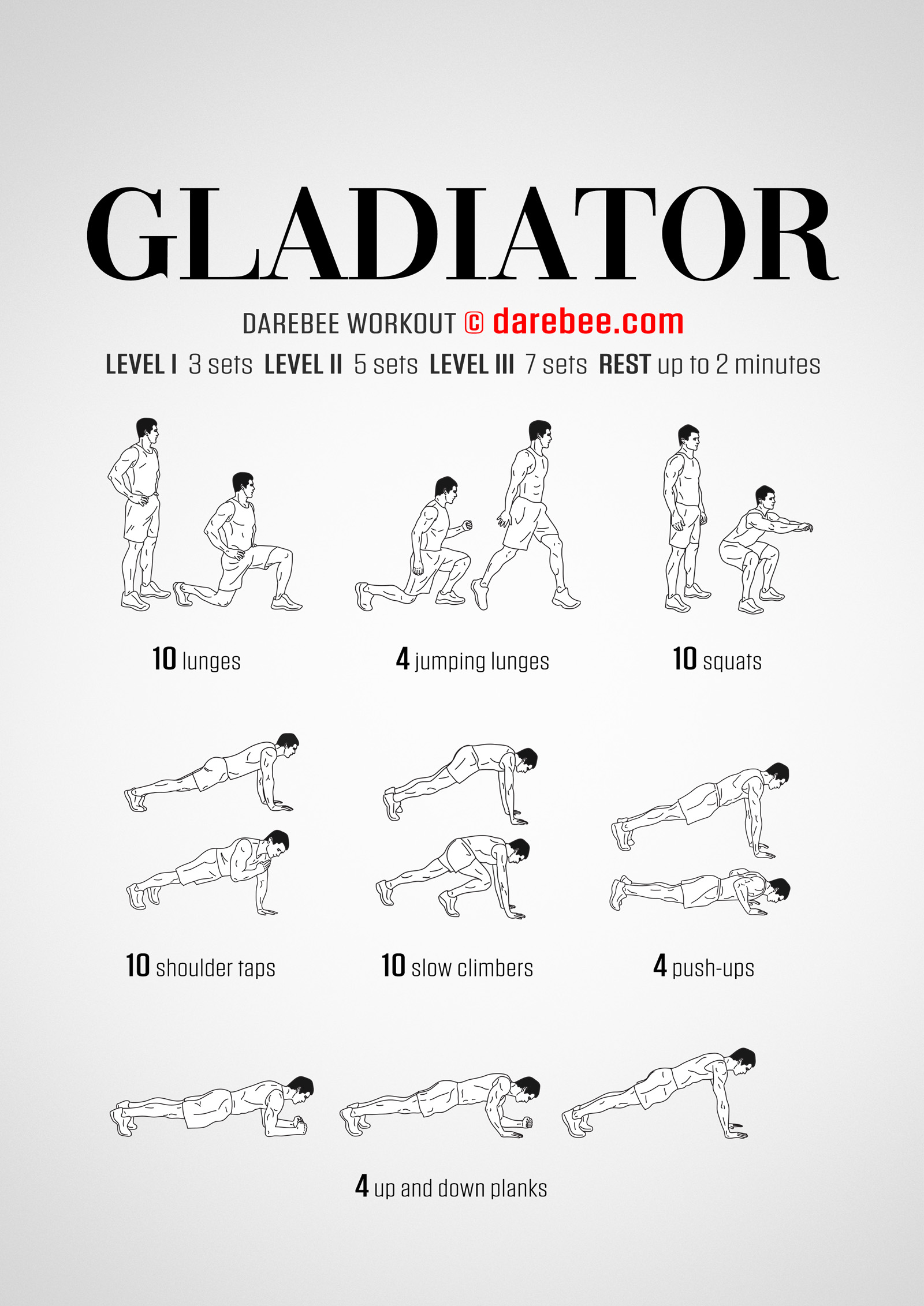Gladiator workout is a DAREBEE home fitness, no-equipment total body strength workout you can do at home using just bodyweight exercises in a particular order.