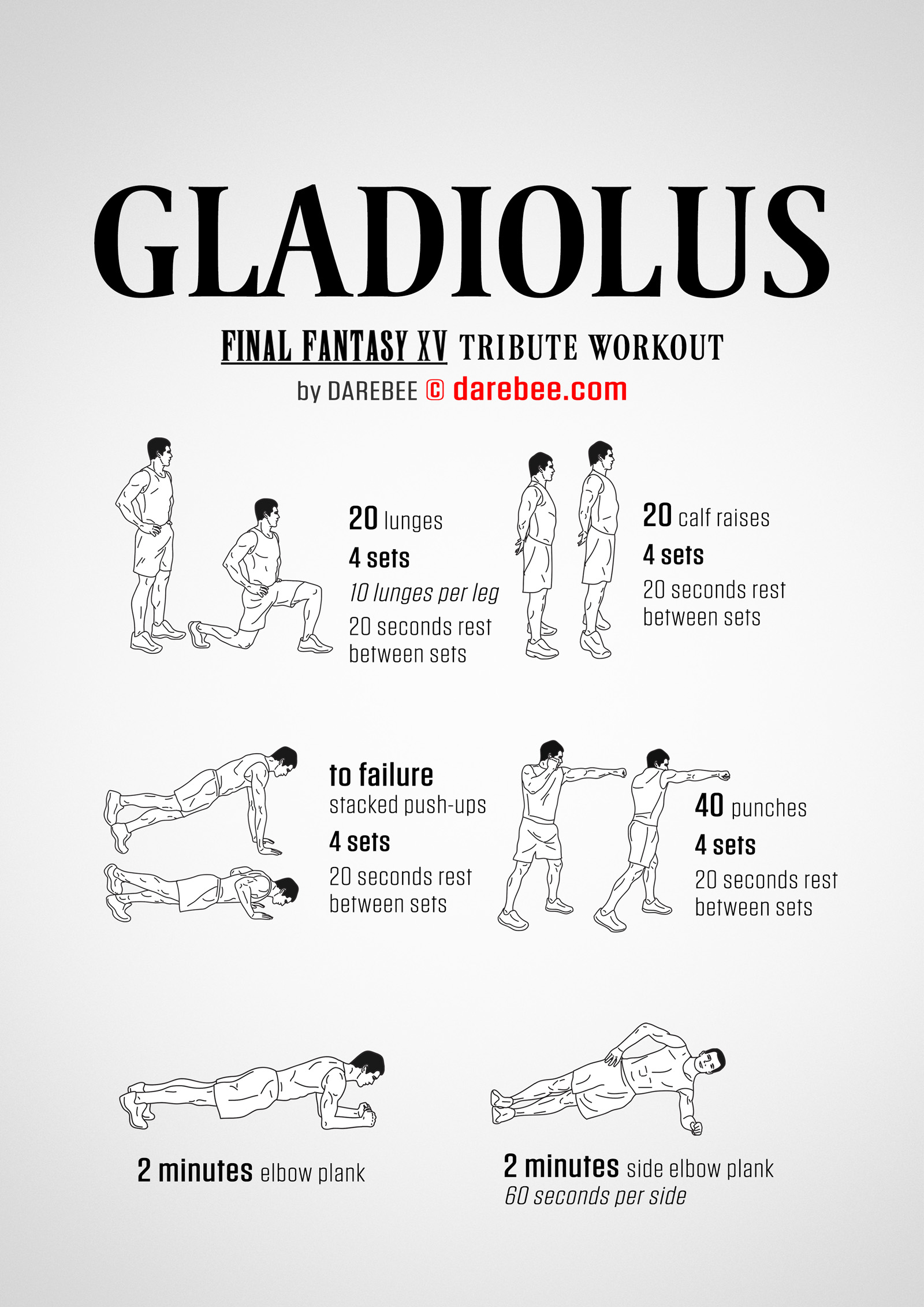 Gladiolus Workout - complete workout card with exercises and reps