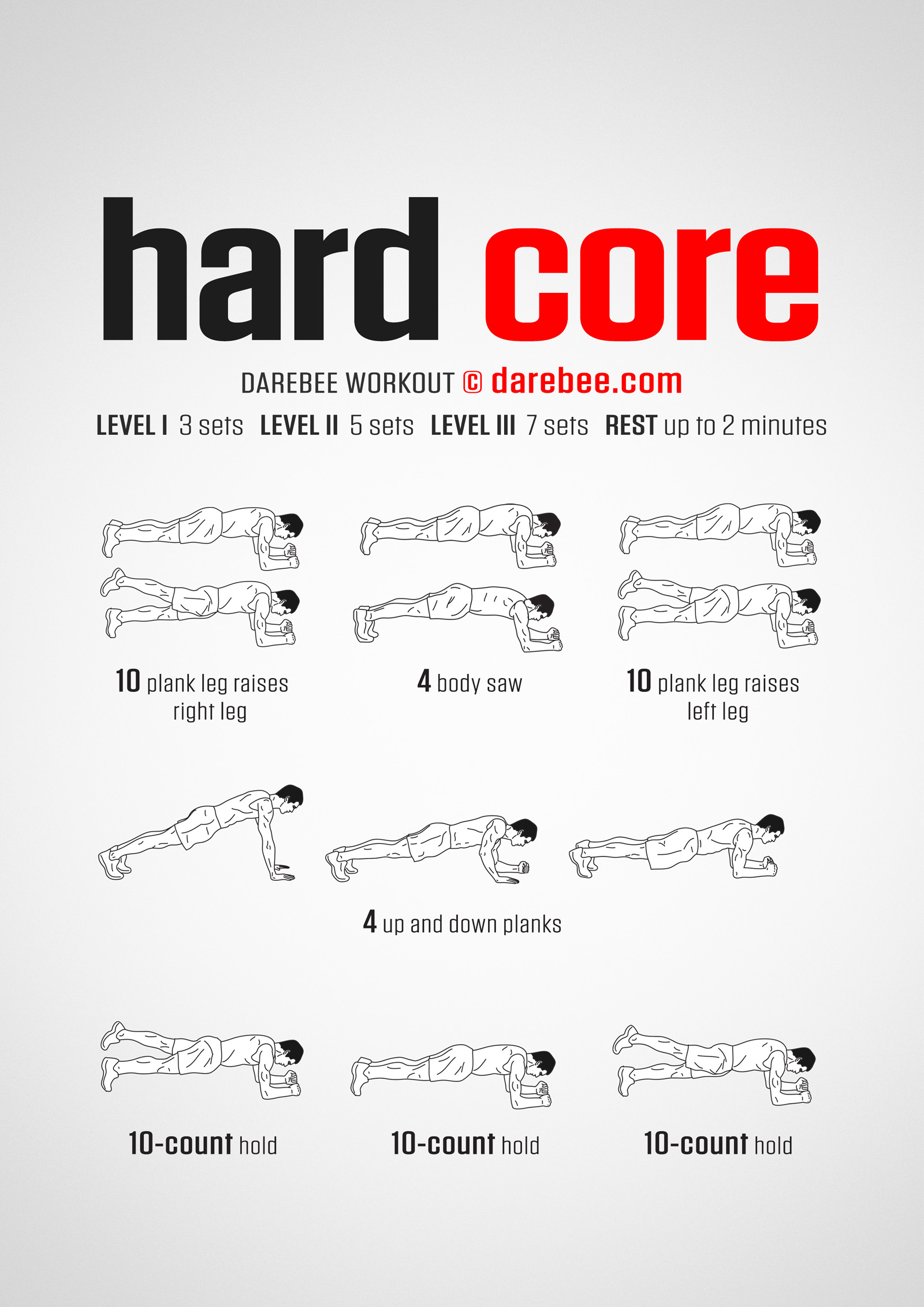 Hard Core Workout - complete workout card with exercises and reps