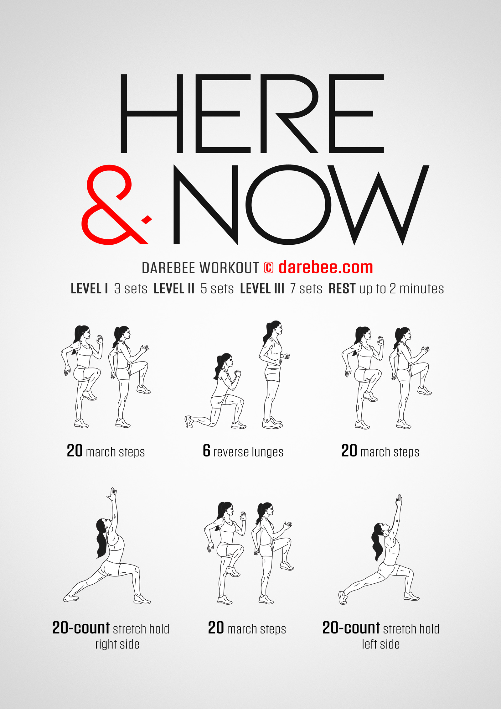 Here & Now is a DAREBEE no-equipment home workout designed to help you increase your endurance, improve your aerobic capacity and streamline your body.
