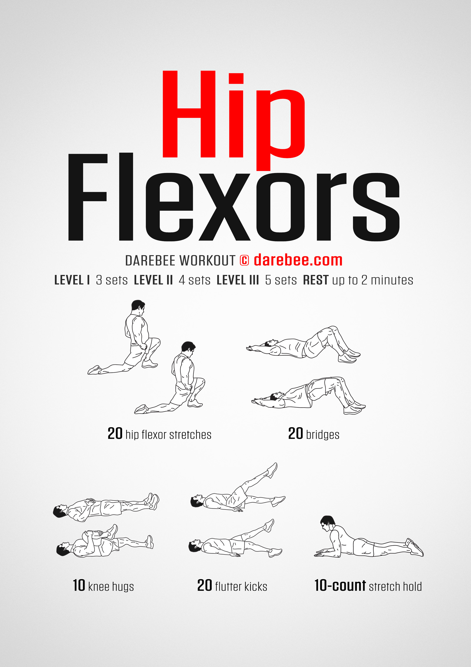 Hip Flexors Workout - complete workout card with exercises and reps