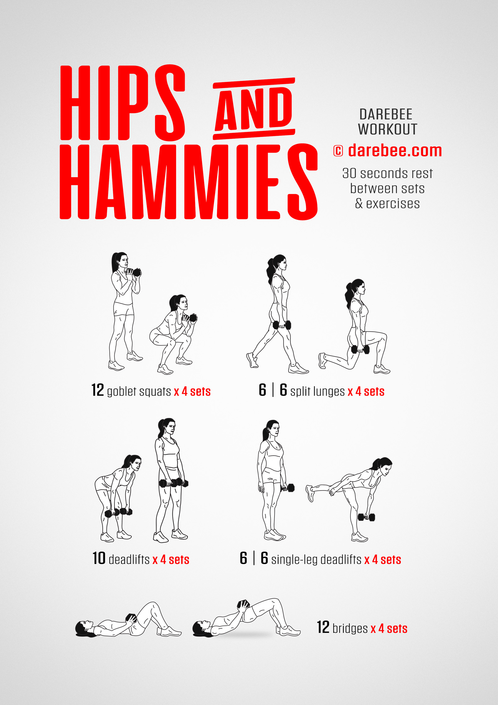 Hips & Hammies Workout - complete workout card with exercises and reps