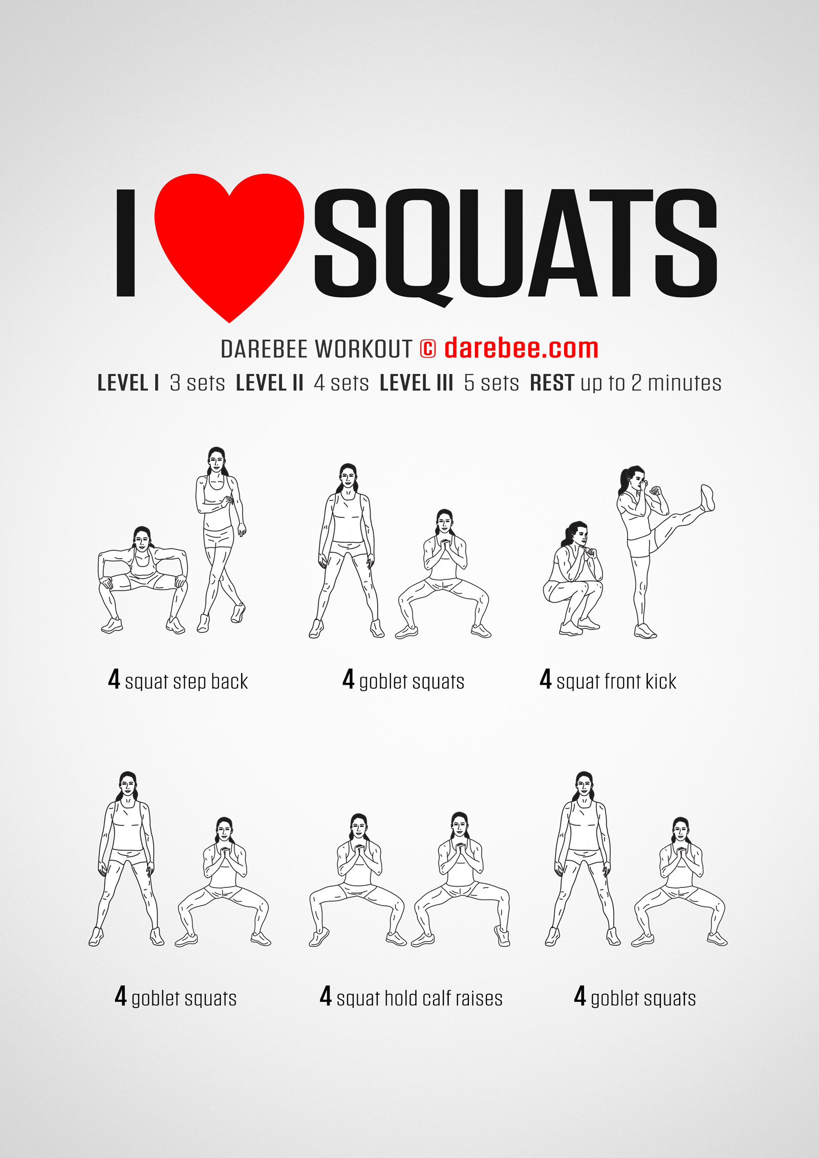 I Love Squats Workout - complete workout card with exercises and reps