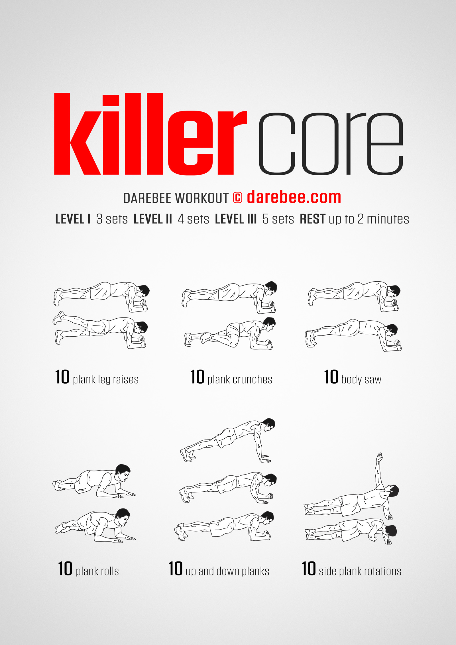 Killer Core Workout - complete workout card with exercises and reps
