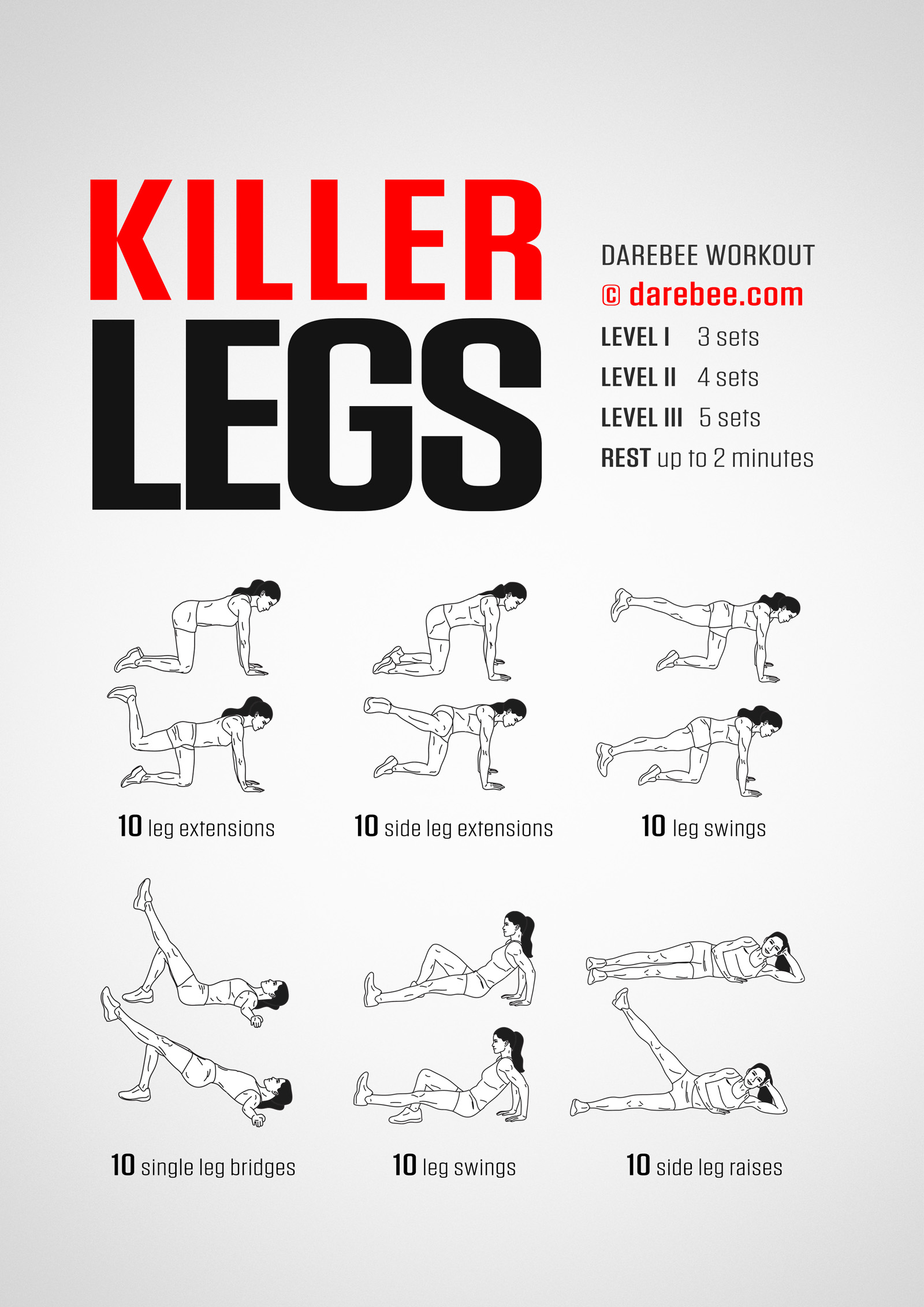Killer Legs Workout - complete workout card with exercises and reps