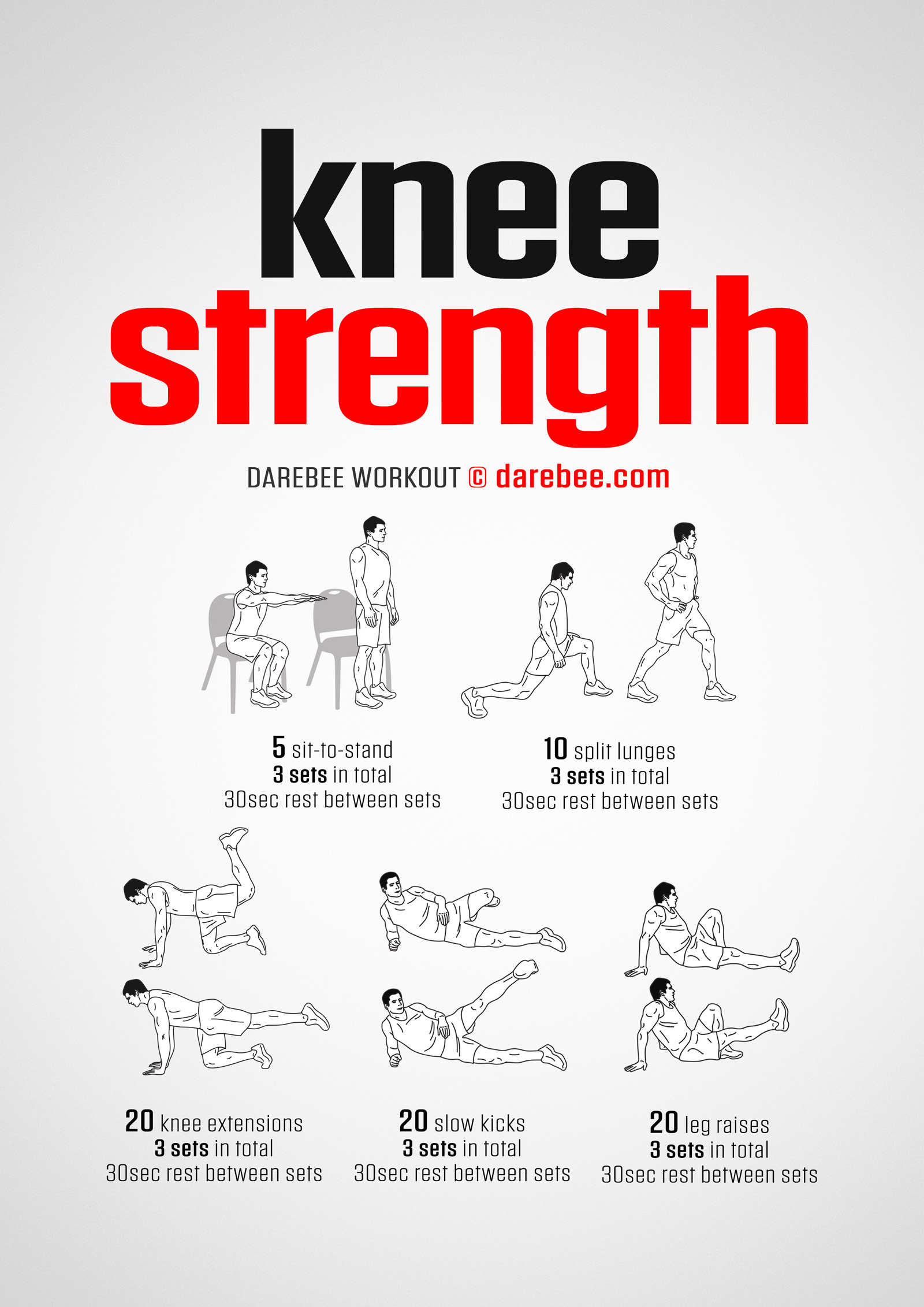 Knee Strength Workout - complete workout card with exercises and reps
