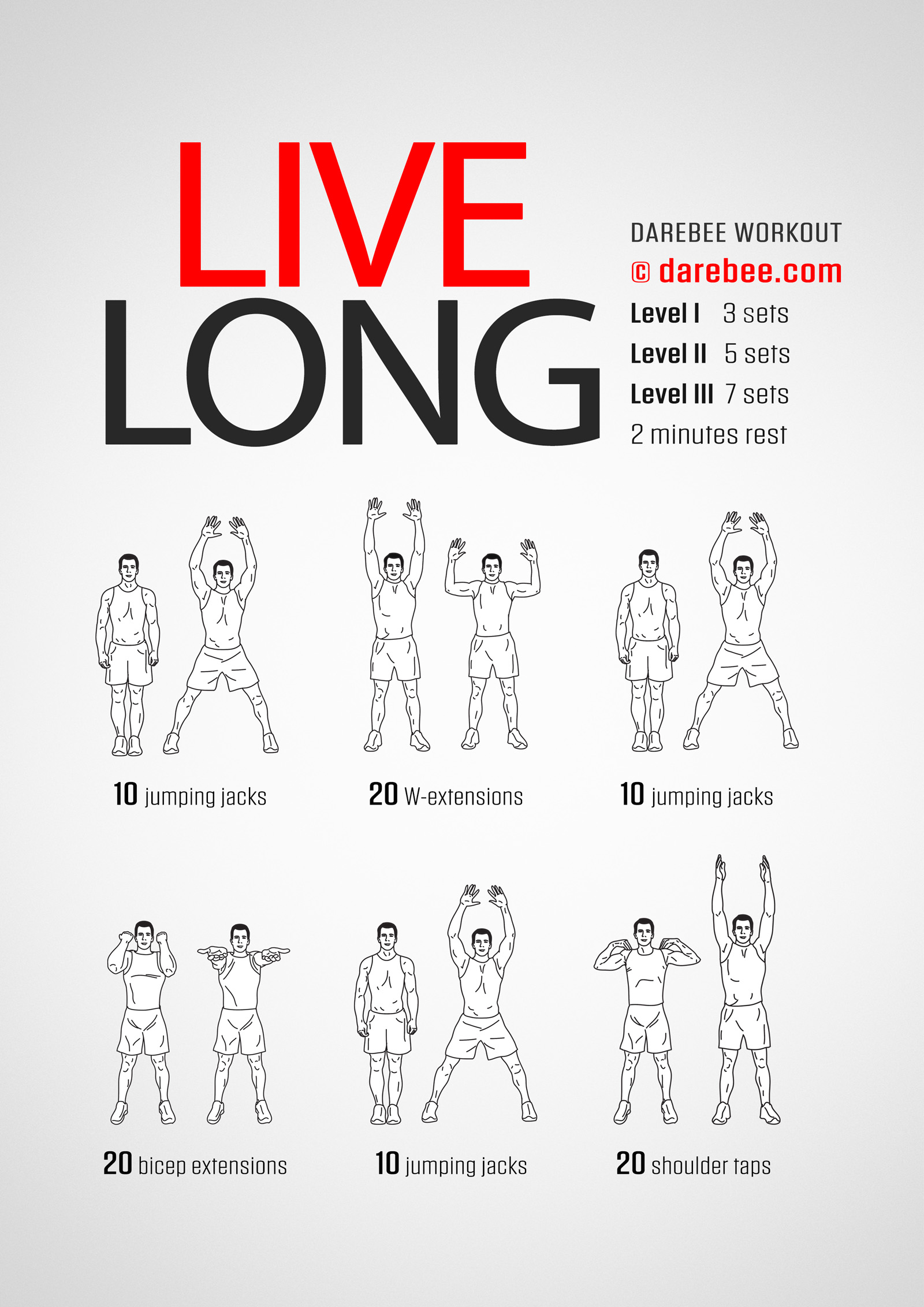 Live Long Workout - complete workout card with exercises and reps