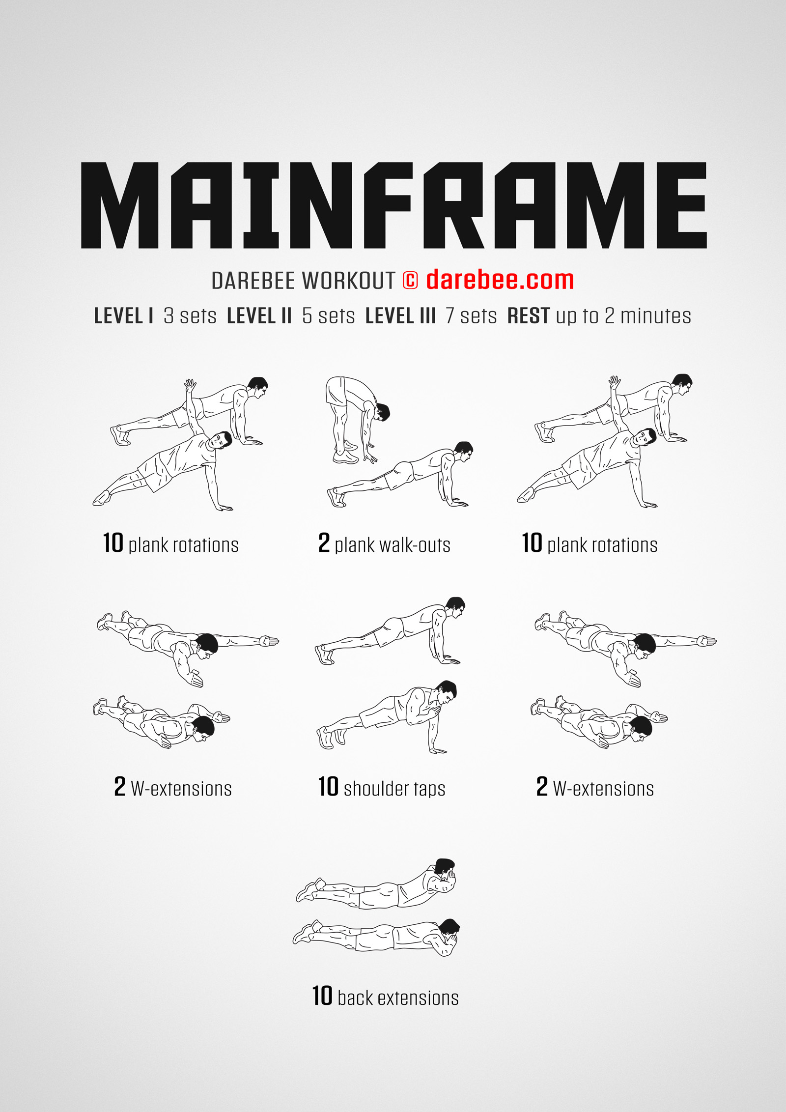 Mainframe Workout - complete workout card with exercises and reps