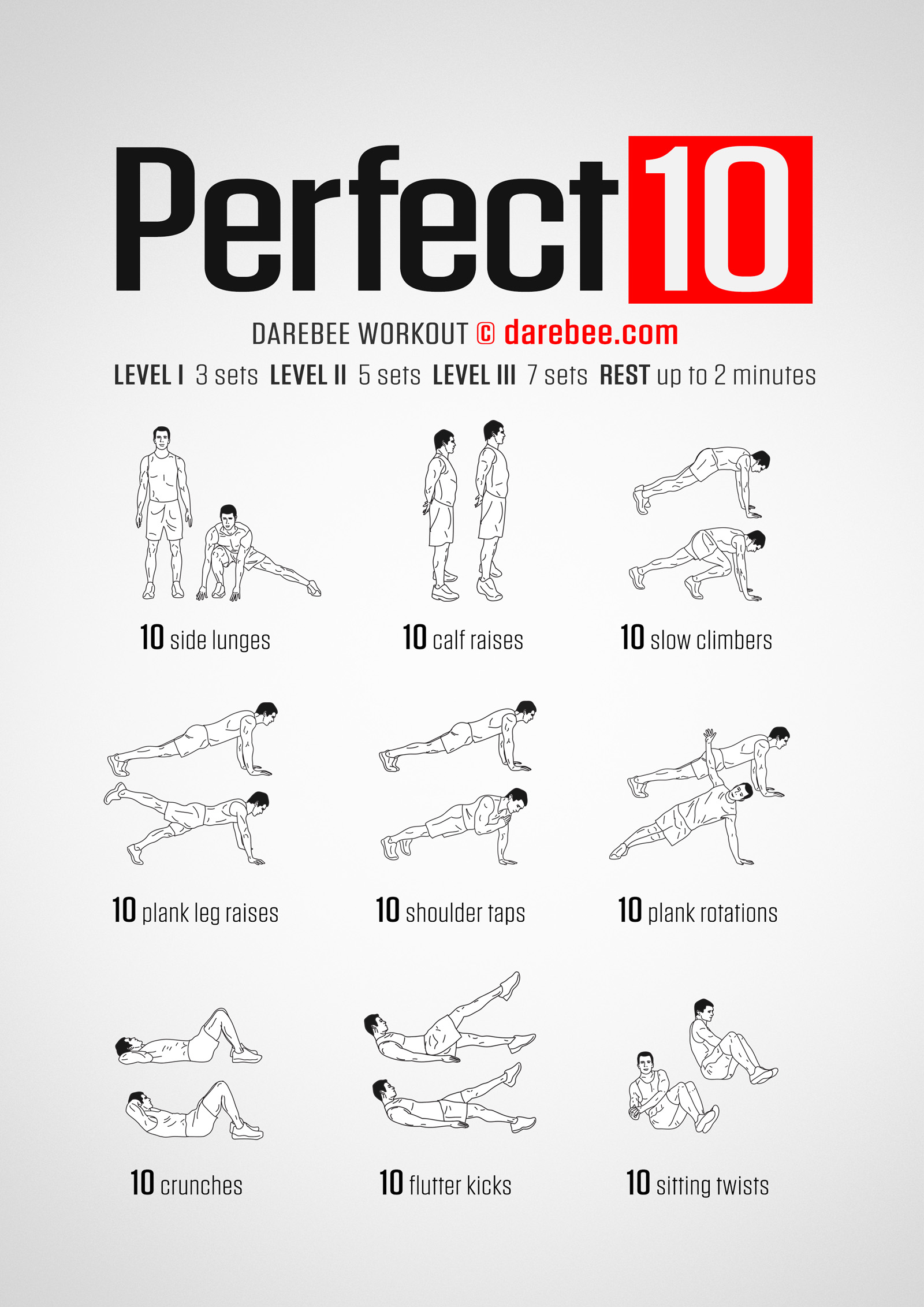 Perfect 10 Workout - complete workout card with exercises and reps