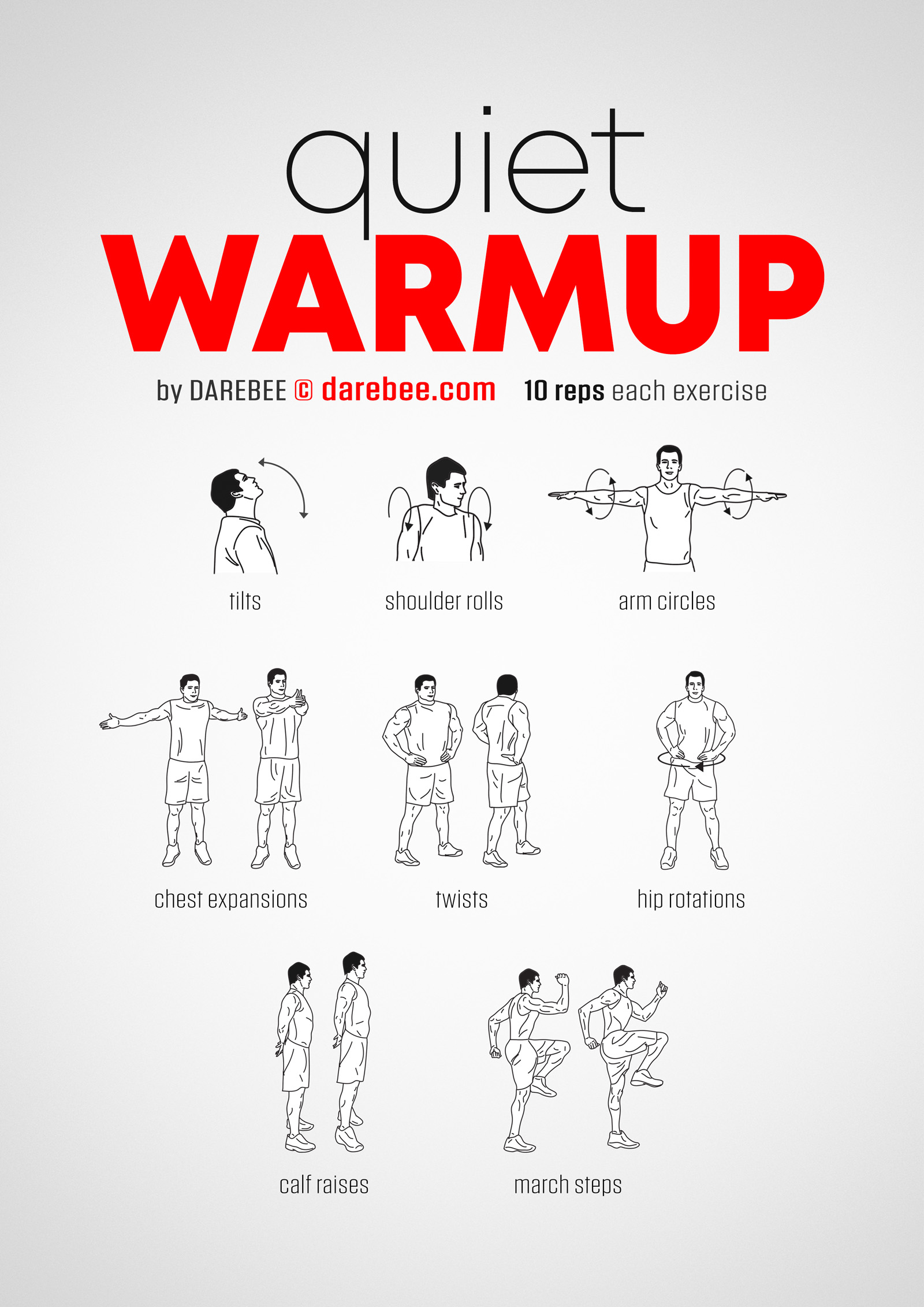Quiet Warmup Workout - complete workout card with exercises and reps