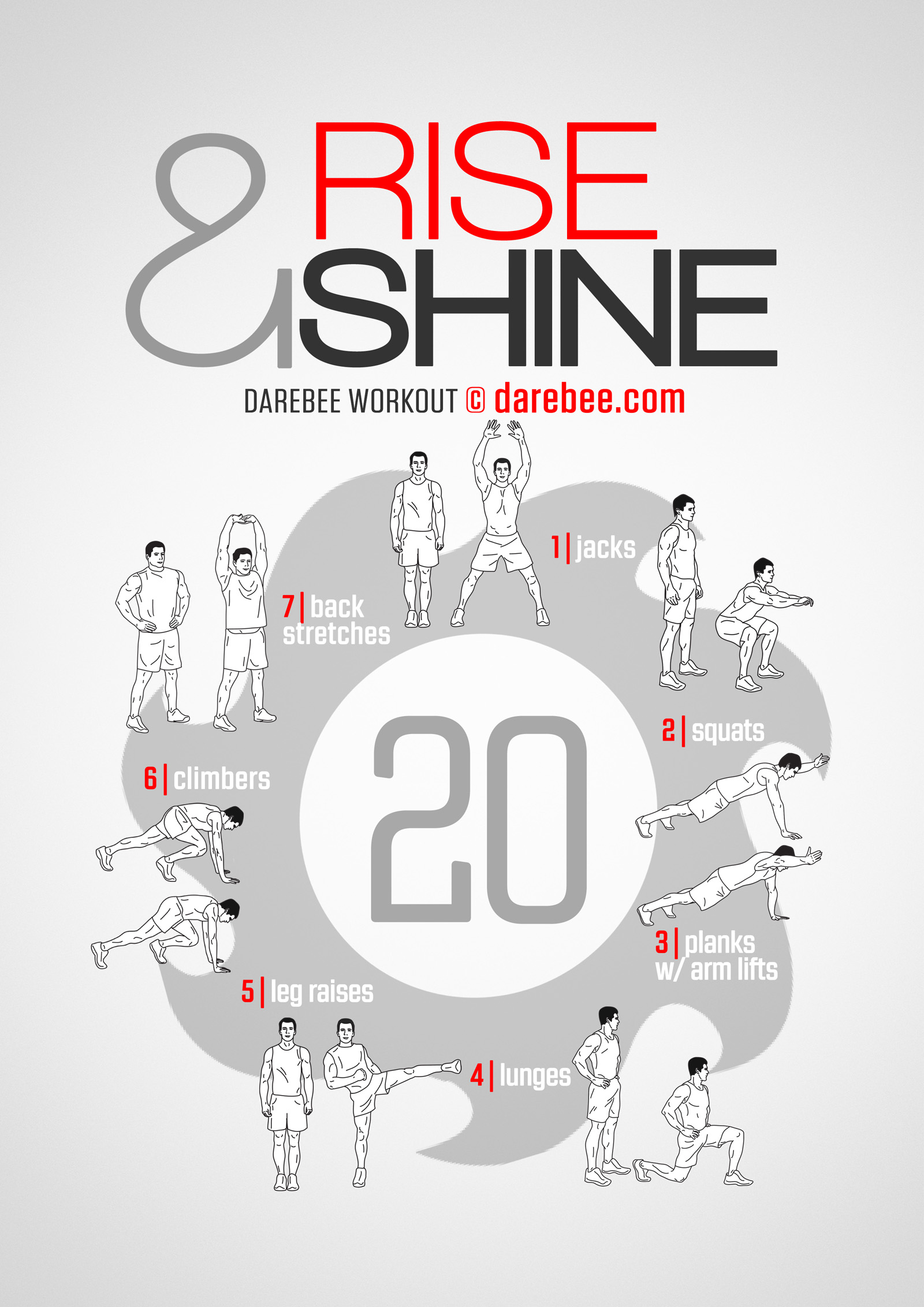 Rise And Shine is a DAREBEE no-equipment, total body general fitness home workout you can do first thing in the morning to help your day get off to the right start.