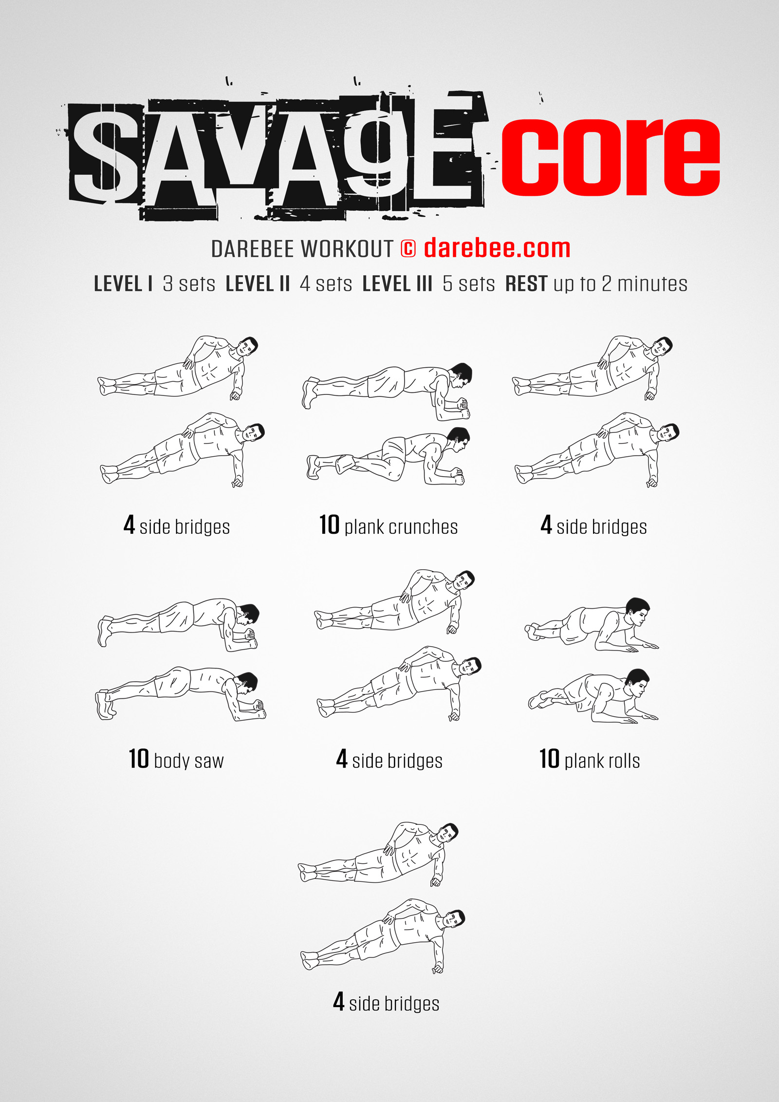 Savage Core Workout - complete workout card with exercises and reps