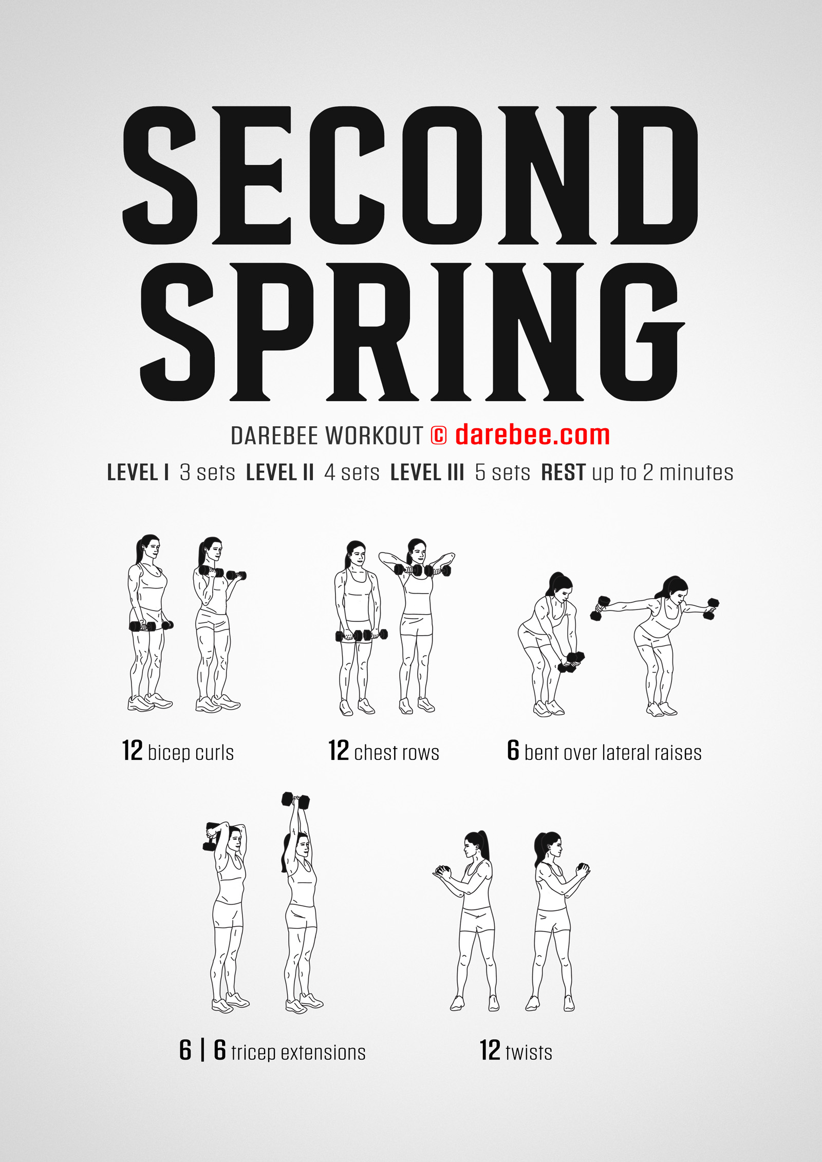 Second Spring is a Darebee home fitness dumbbells-based upper body strength-building de-aging workout you should do when you're at home.