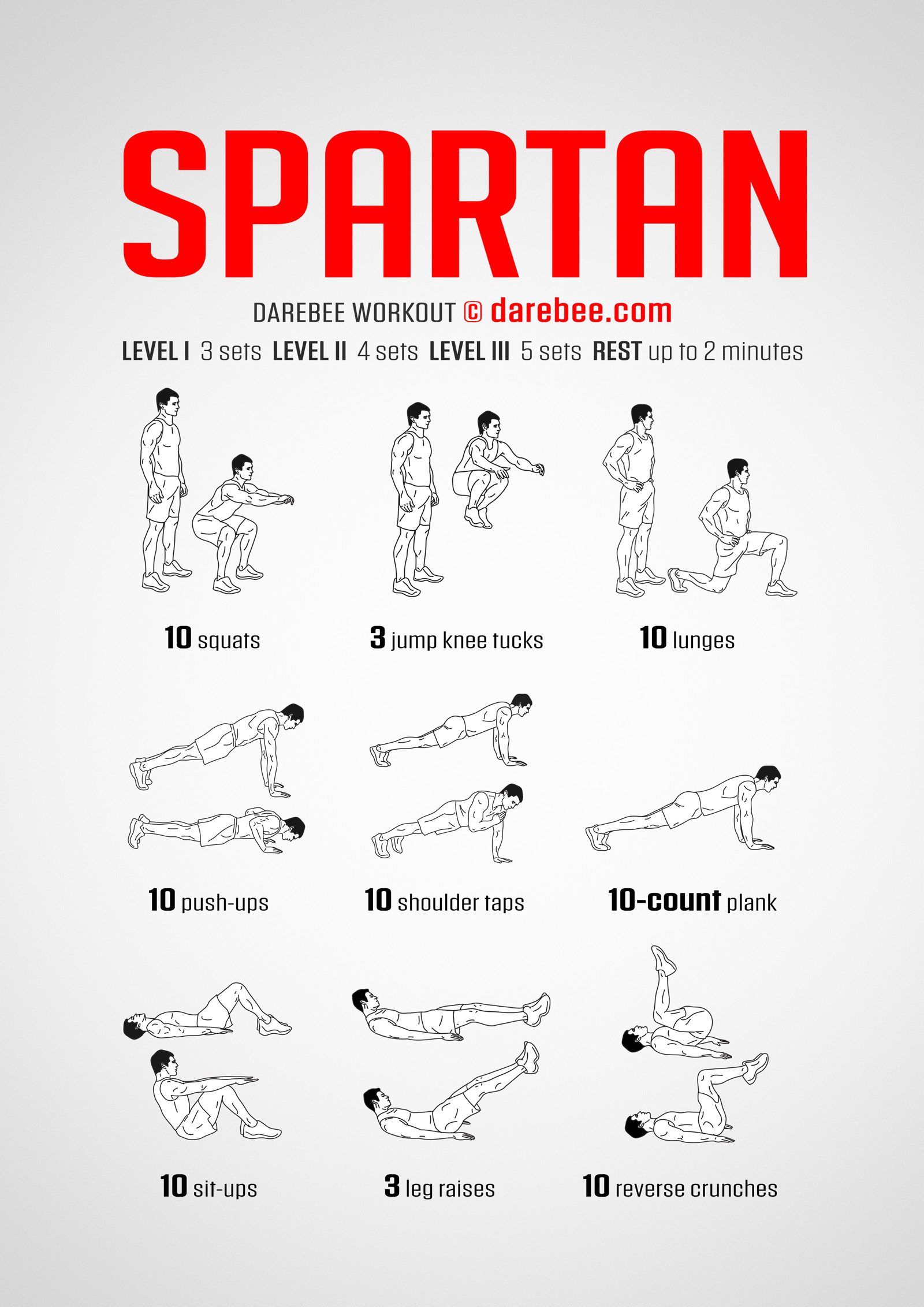 Spartan is  DAREBEE home fitness no-equipment total body strength workout that will help you level up in your fitness.