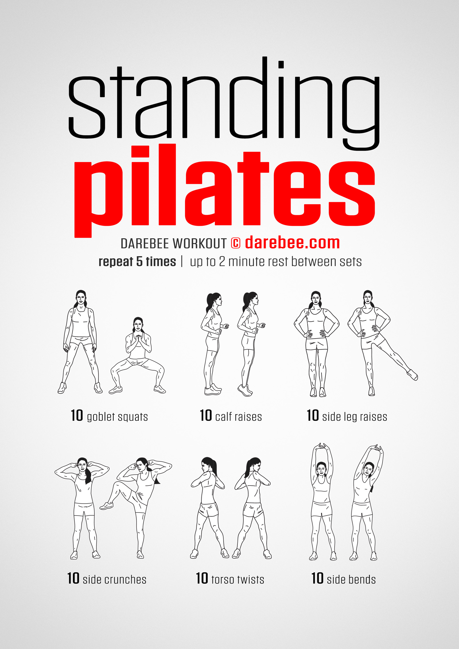 Standing Pilates Workout - complete workout card with exercises and reps