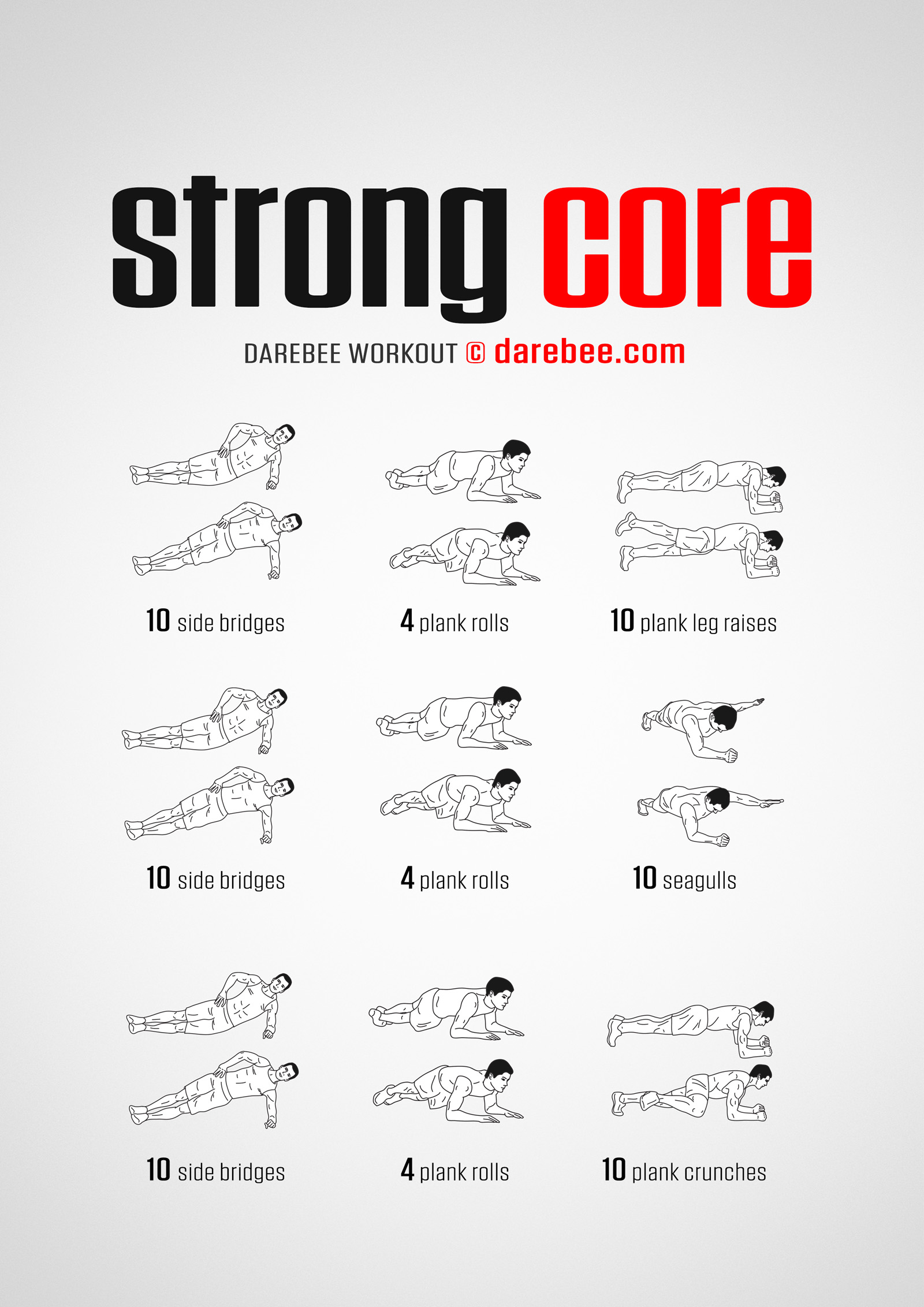Strong Core Workout - complete workout card with exercises and reps