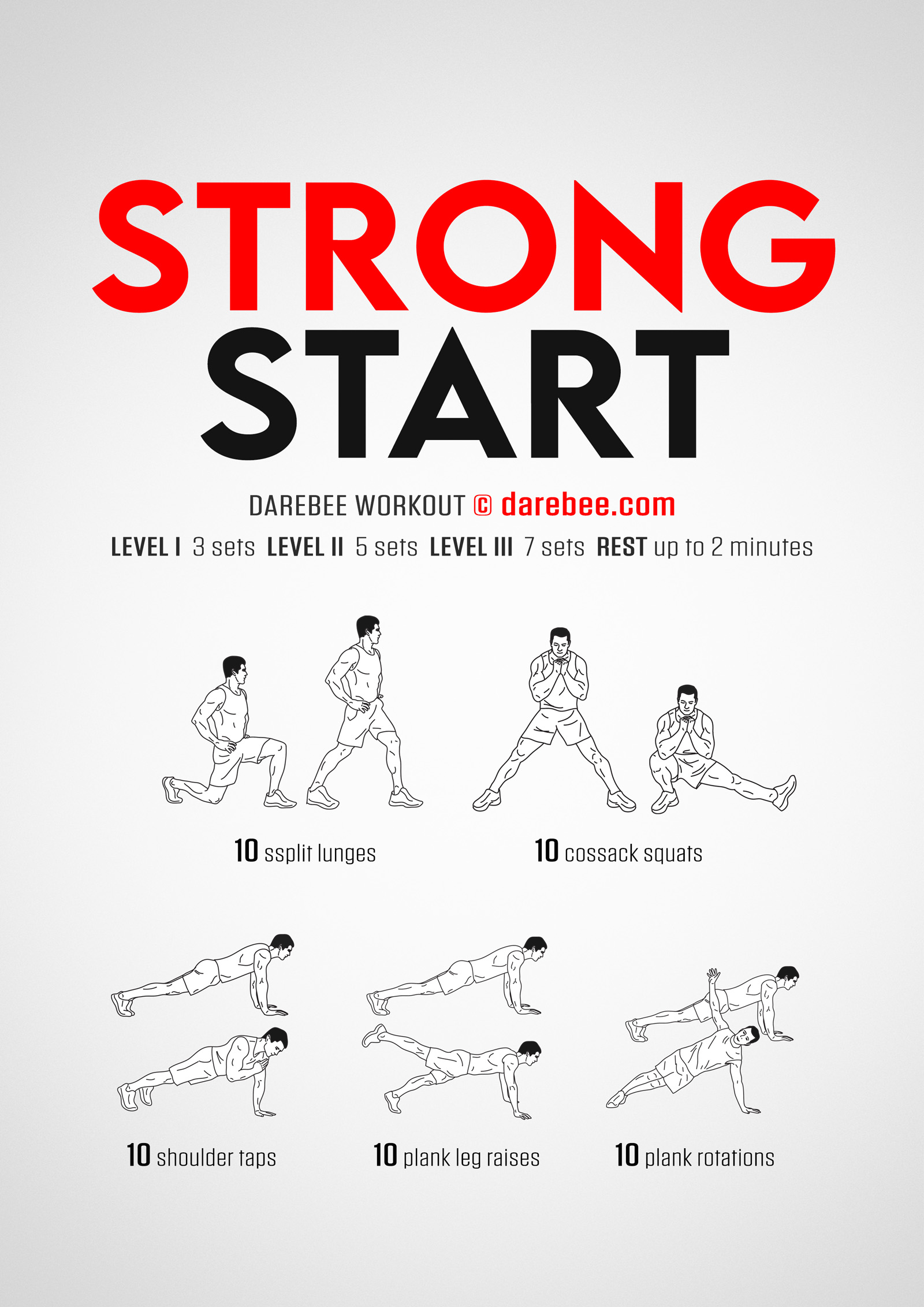 Strong Start Workout - complete workout card with exercises and reps