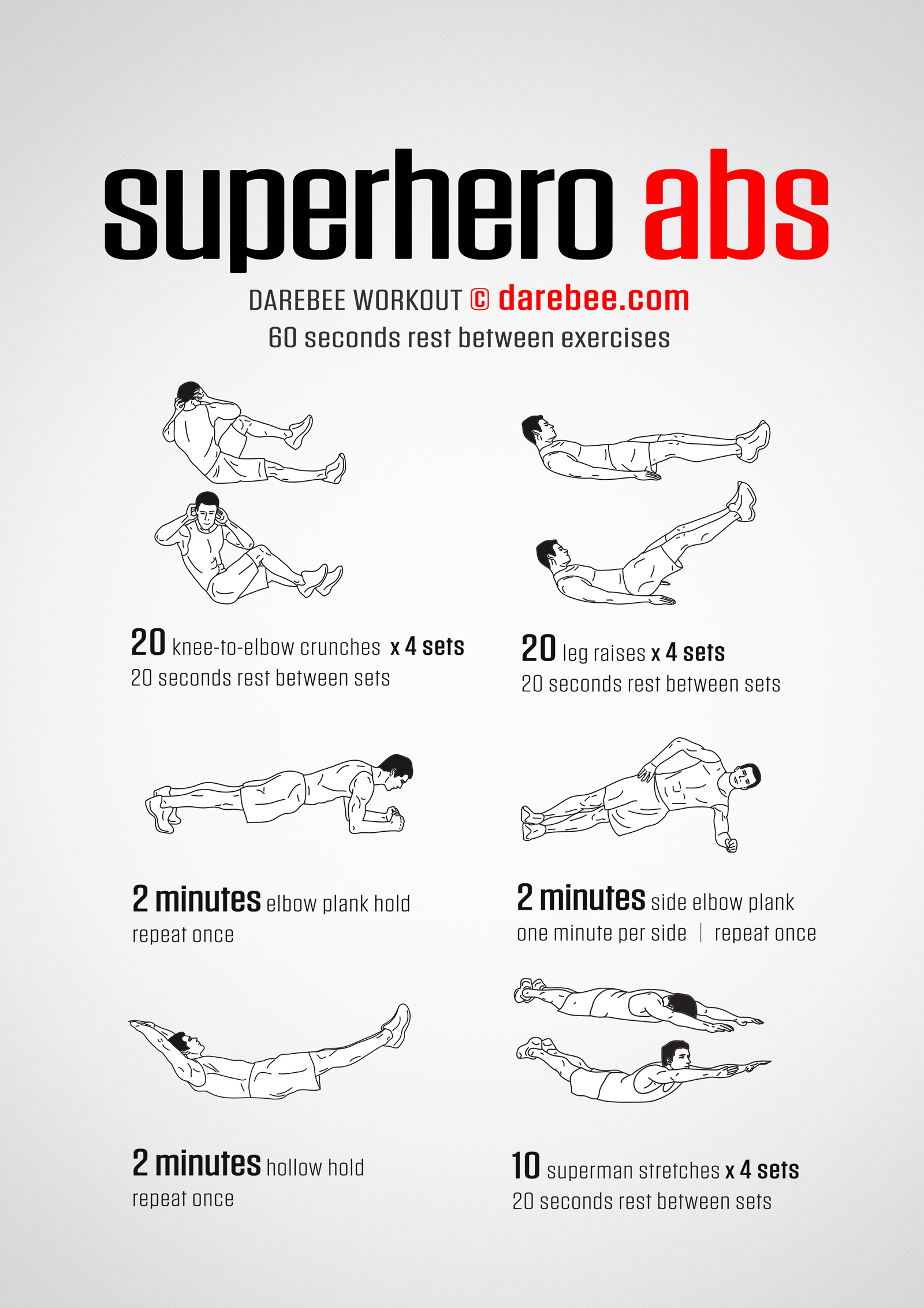 Superhero Abs Workout - complete workout card with exercises and reps