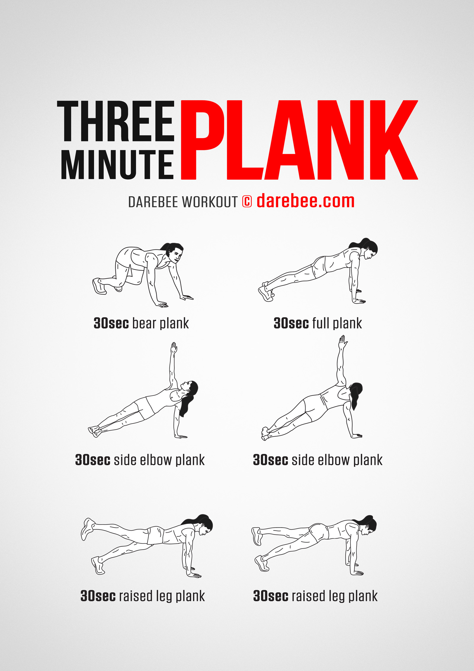 Three Minute Plank Workout - complete workout card with exercises and reps