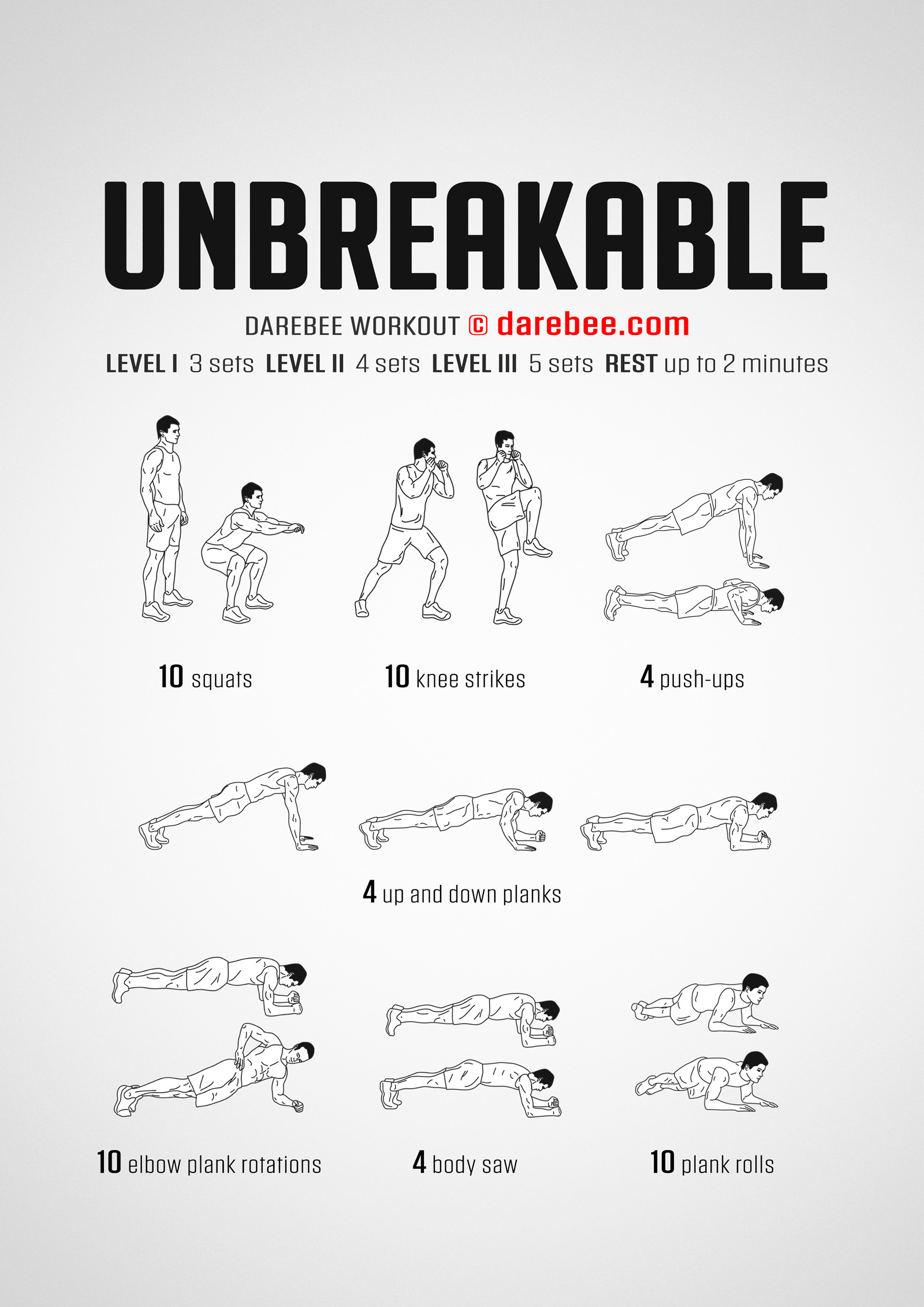 Unbreakable is a DAREBEE no-equipment home workout that helps you improve strength, stamina and core for that unbreakable feeling.