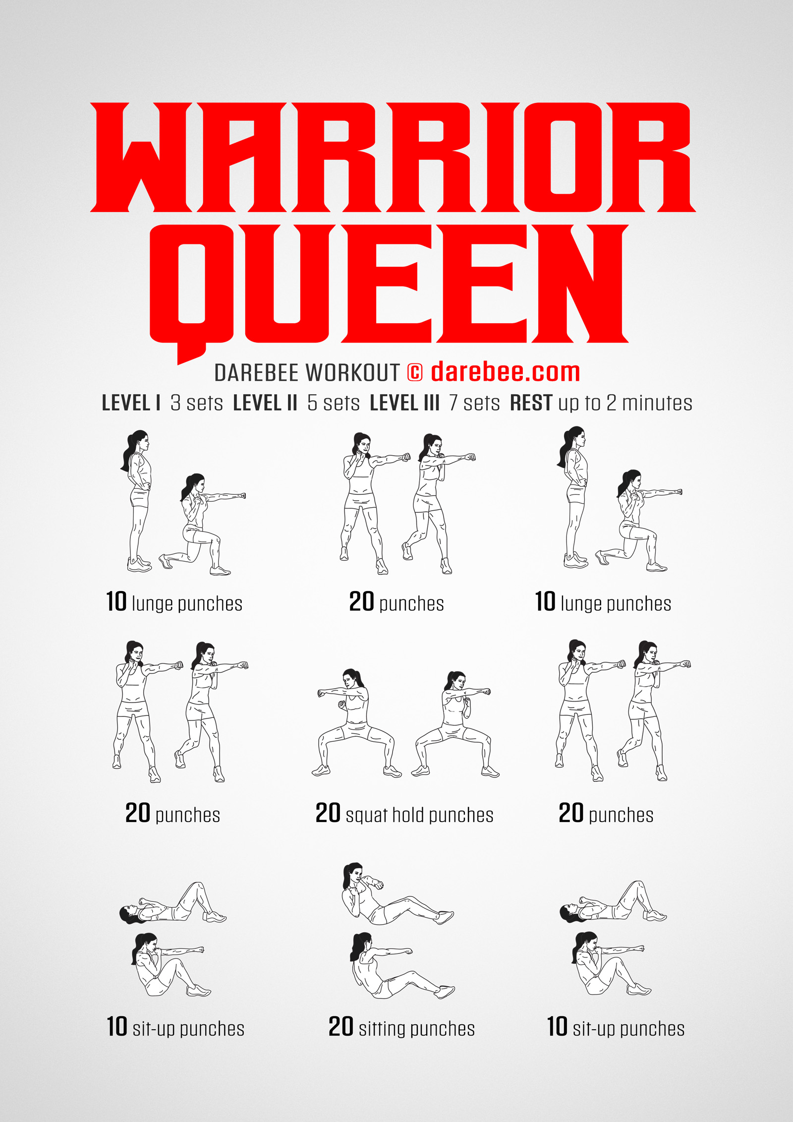 Warrior Queen Workout - complete workout card with exercises and reps