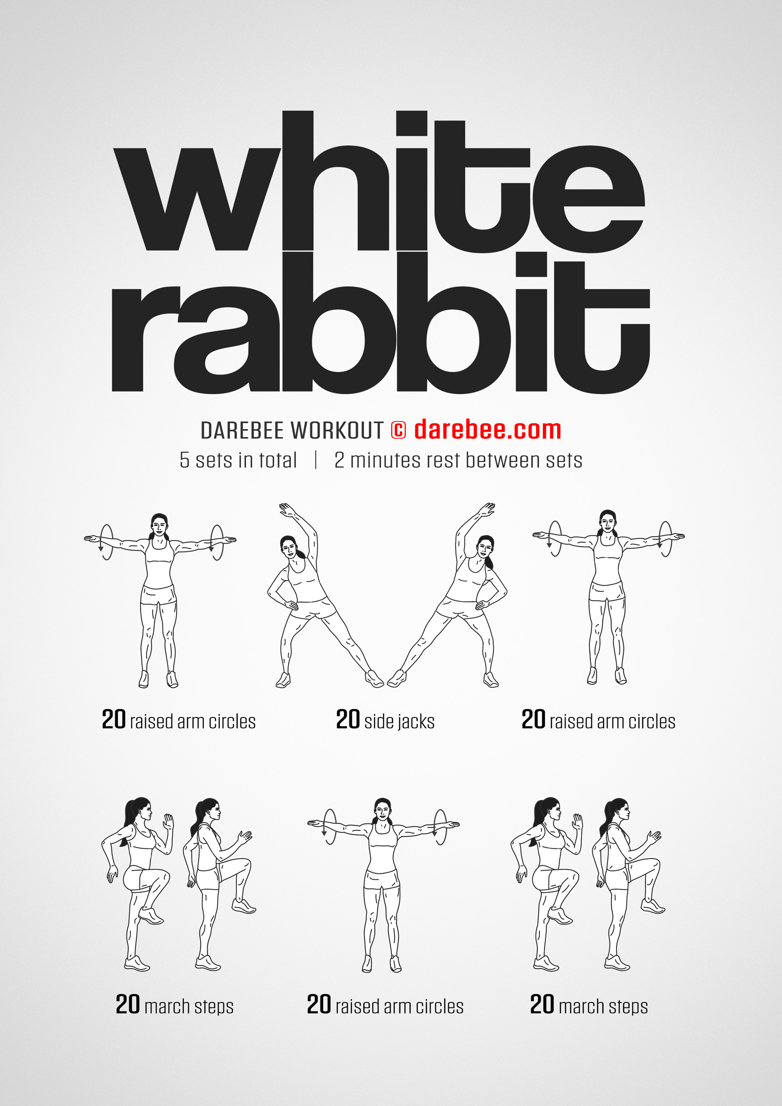 White Rabbit is a DAREBEE home fitness no-equipment fast-paced cardio and aerobic workout that will help make you trimmer.